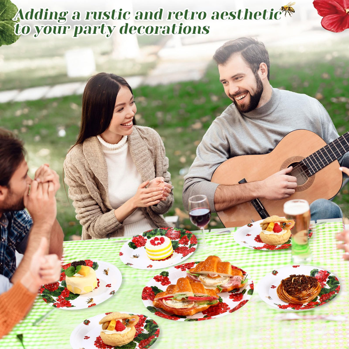 Funnymoom Geranium Floral Paper Plates – 60 Pcs 9in & 7in, Red Floral Disposable Party Tableware