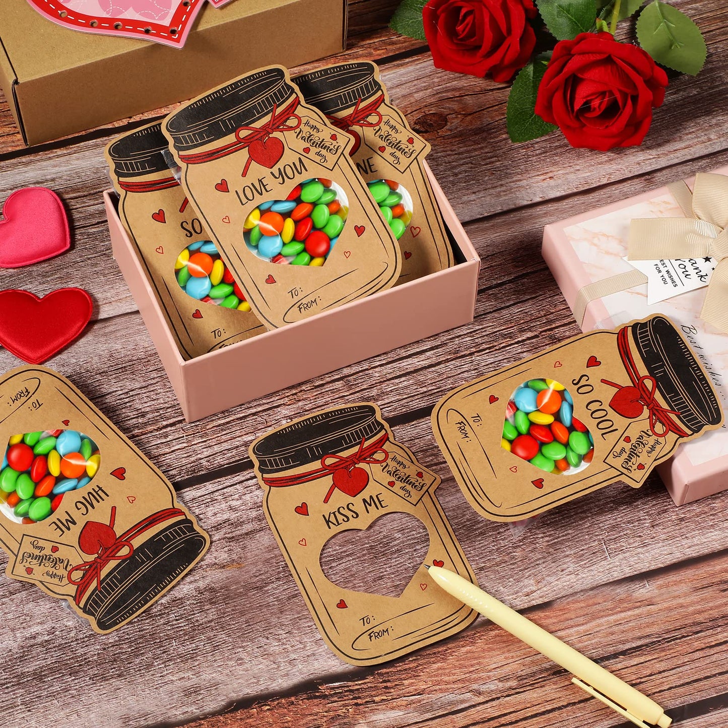 FunnyPars 64-Pack Valentines Day Cards for Kids – DIY Mason Jar Gifts & Classroom Party Favors