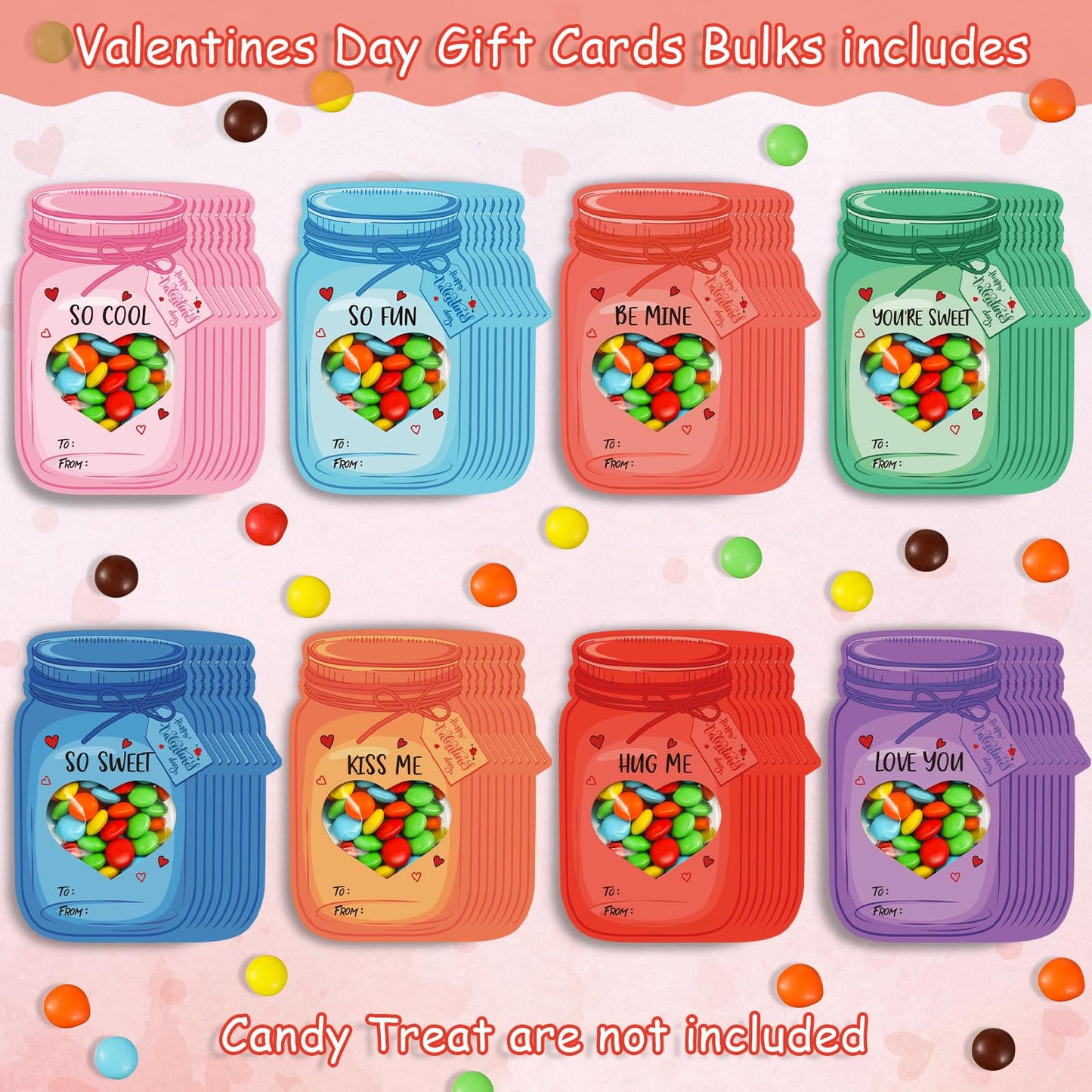 FunnyPars 40-Pack Kids Valentines Cards – Colorful Mason Jar Cards for Classroom Gifts & Favors