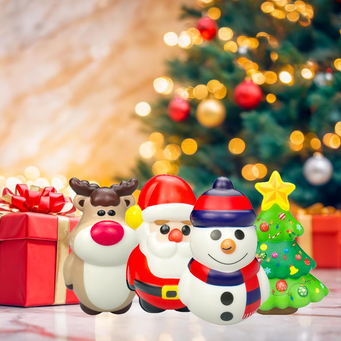 funnysquee 4-Piece Santa Claus Snowman Elk Christmas Tree Stress Ball Set – Holiday Squishies Bundle