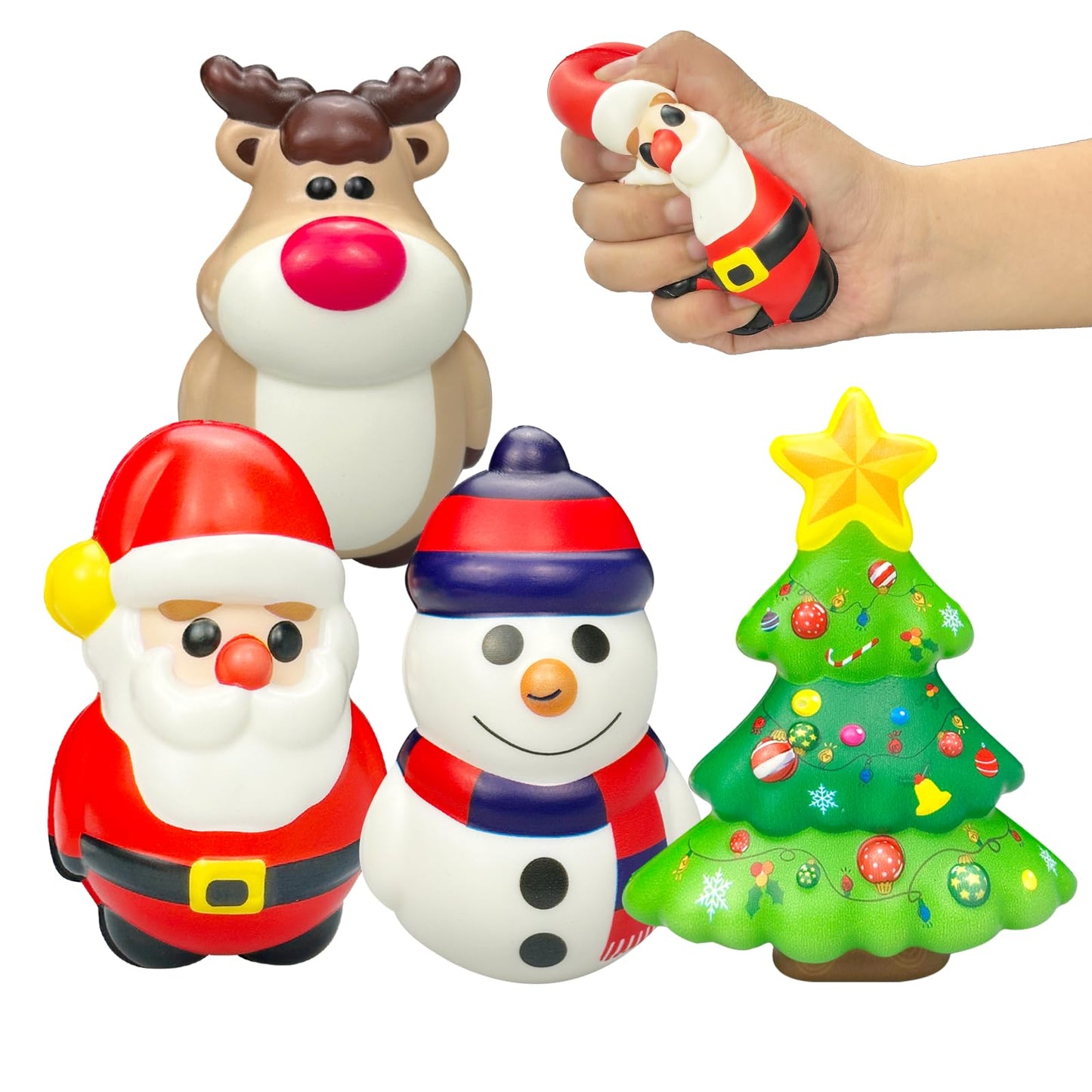 funnysquee 4-Piece Santa Claus Snowman Elk Christmas Tree Stress Ball Set – Holiday Squishies Bundle