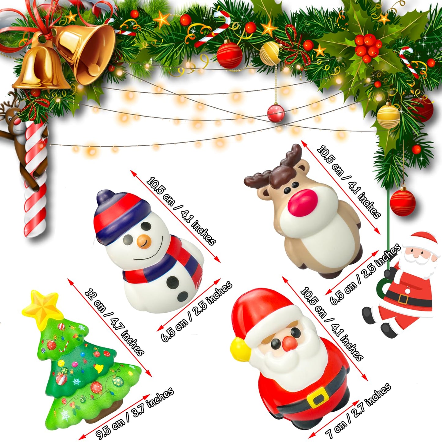 funnysquee 4-Piece Santa Claus Snowman Elk Christmas Tree Stress Ball Set – Holiday Squishies Bundle