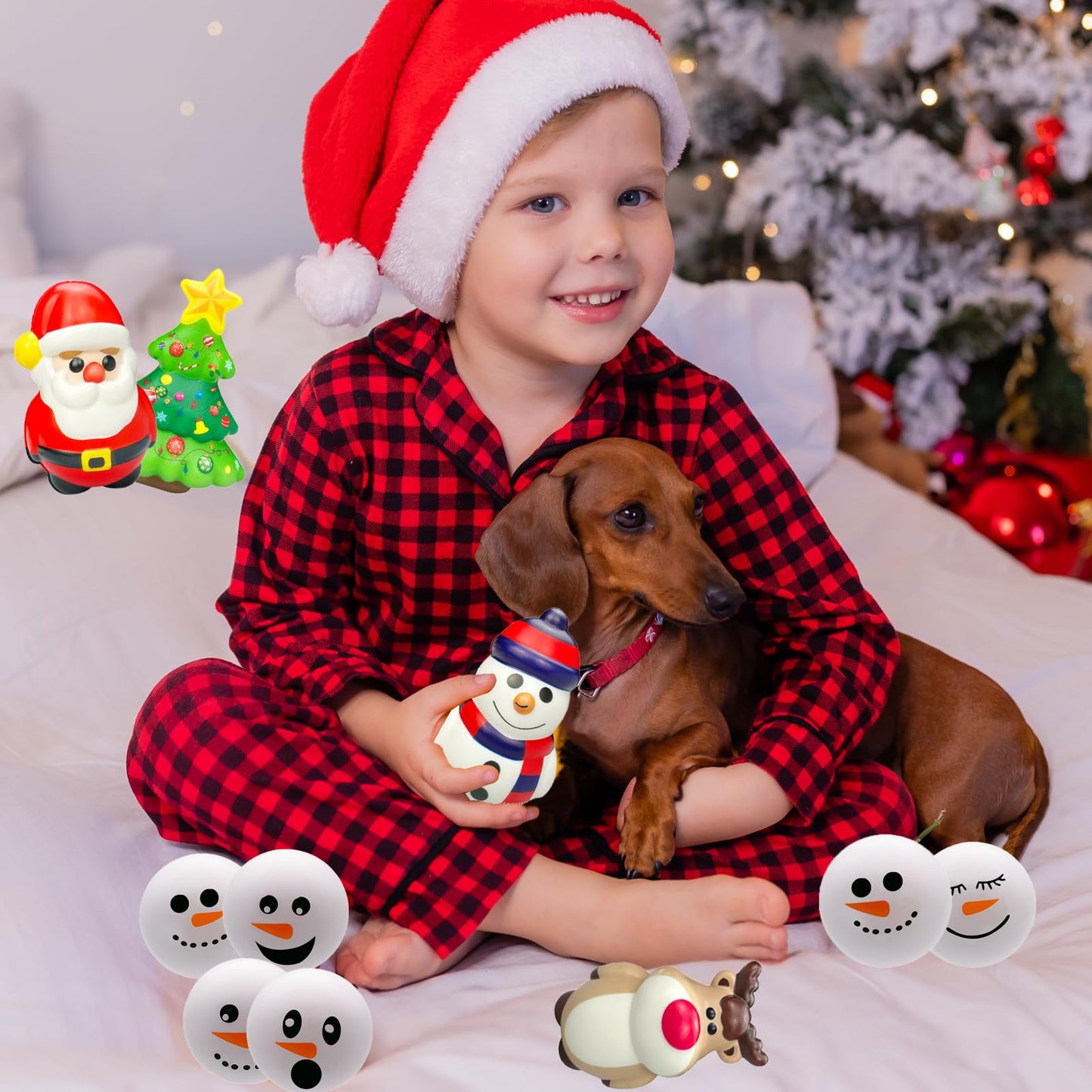 funnysquee 4-Piece Santa Claus Snowman Elk Christmas Tree Stress Ball Set – Holiday Squishies Bundle