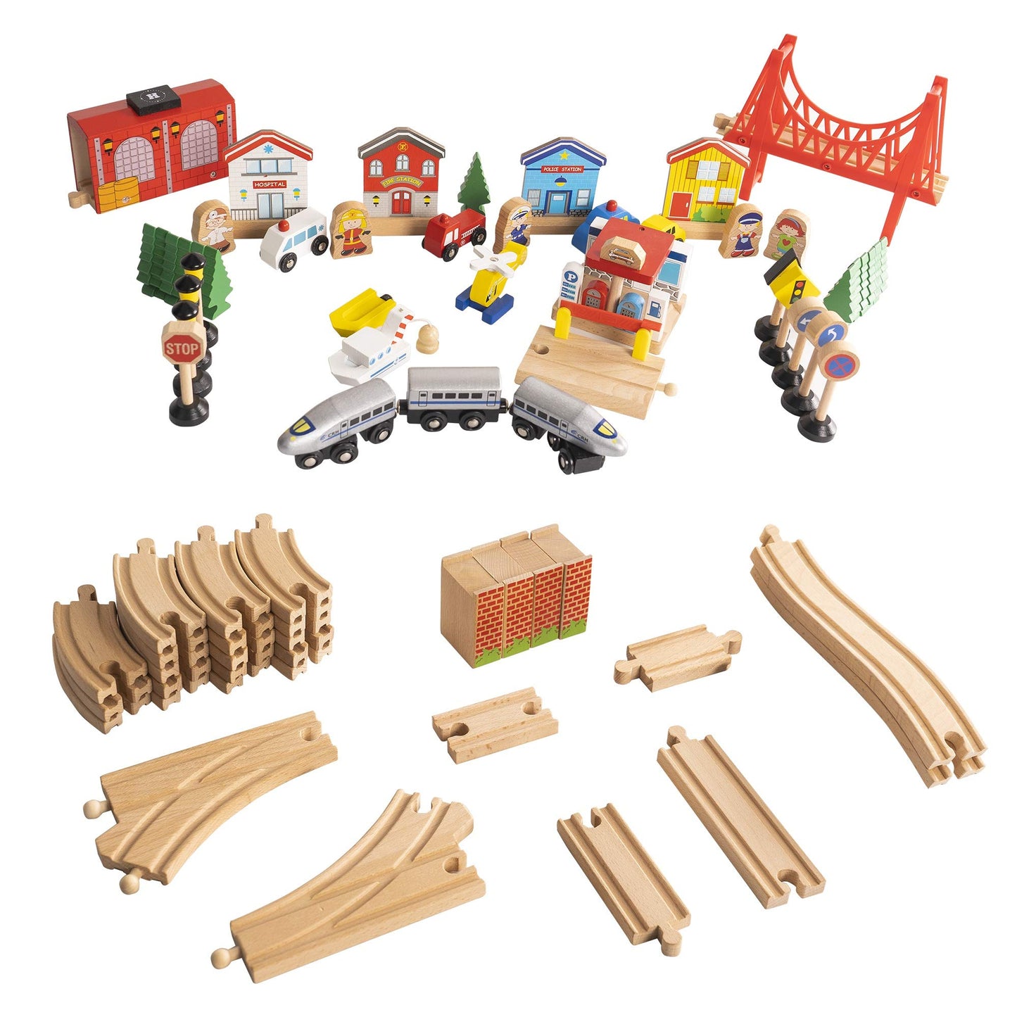 FUNPENY Train Table Toys – Wooden Train Set with City Accessories for Kids & Toddlers