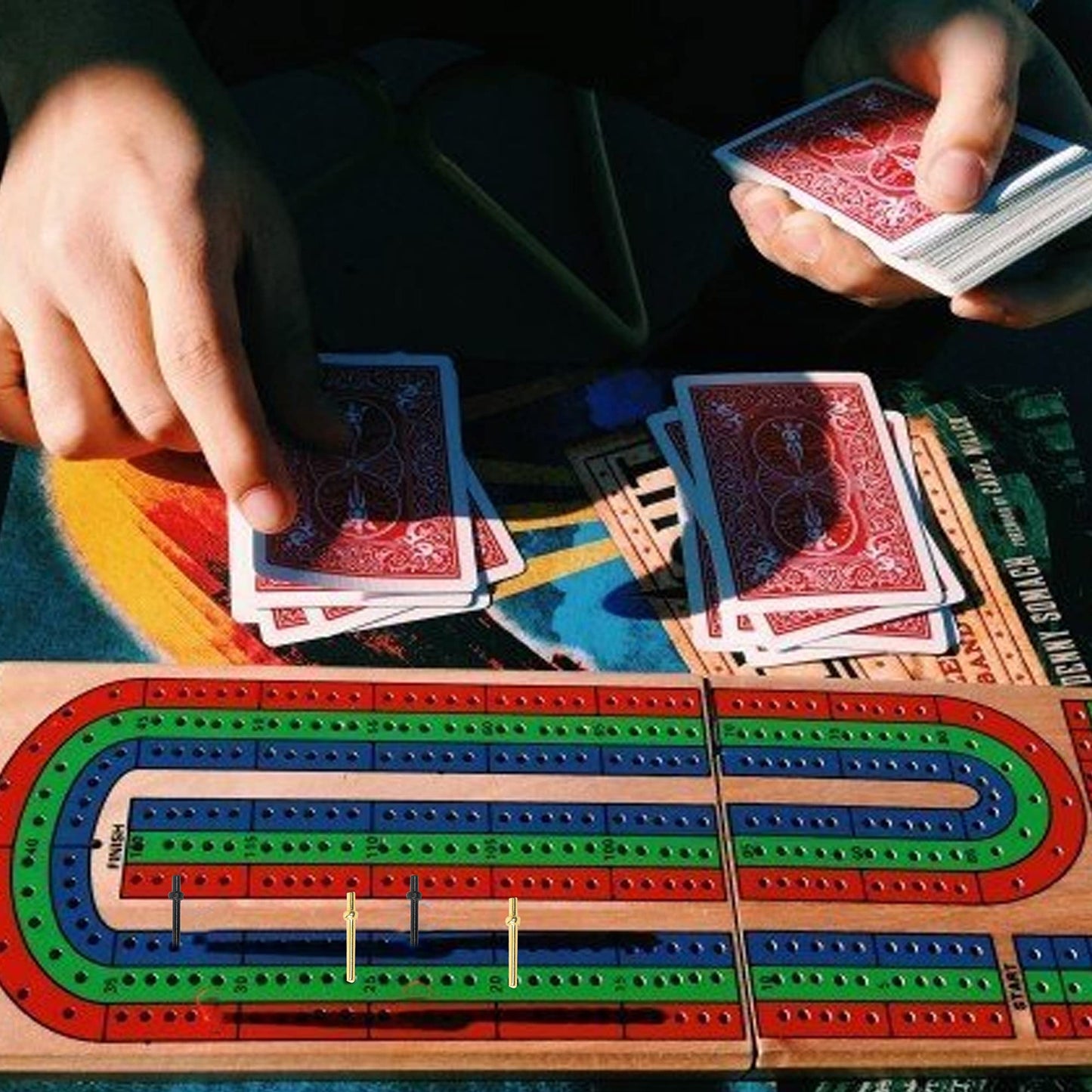 FUNPENY Traditional Wooden Cribbage Board Game Set — 3-Track Color Coded with Metal Pegs & Cards