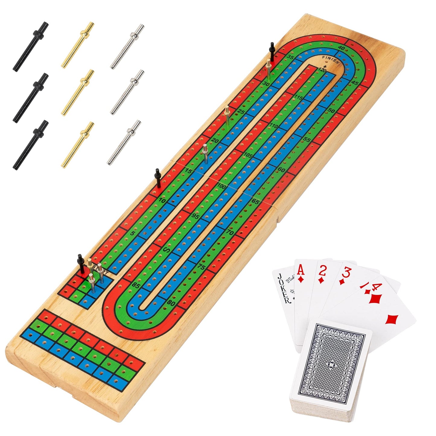 FUNPENY Traditional Wooden Cribbage Board Game Set — 3-Track Color Coded with Metal Pegs & Cards