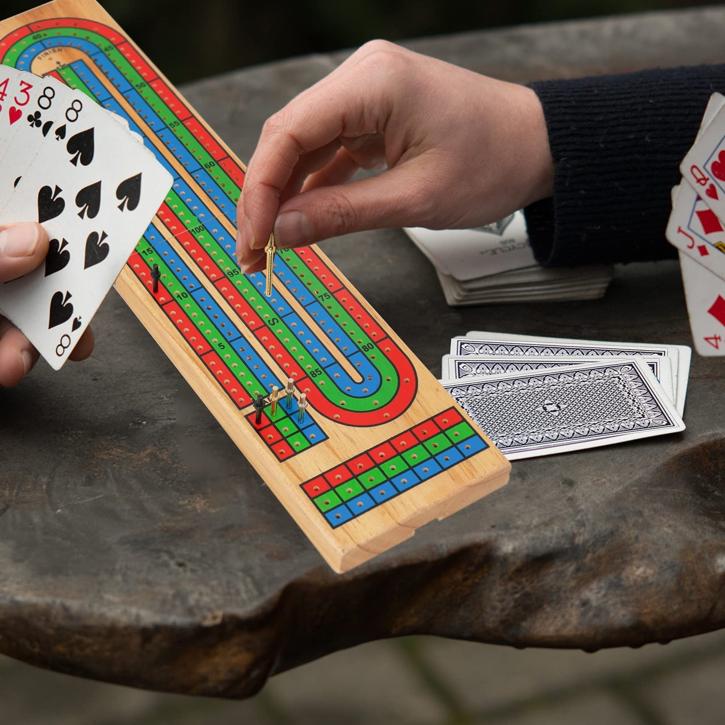 FUNPENY Traditional Wooden Cribbage Board Game Set — 3-Track Color Coded with Metal Pegs & Cards