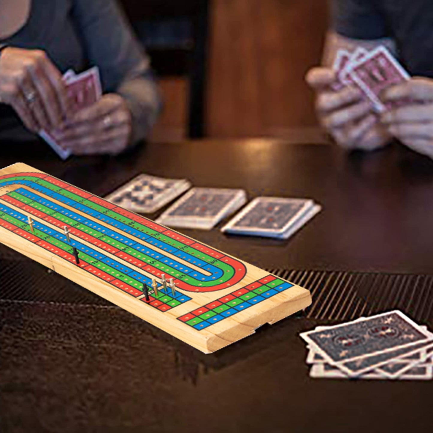 FUNPENY Traditional Wooden Cribbage Board Game Set — 3-Track Color Coded with Metal Pegs & Cards