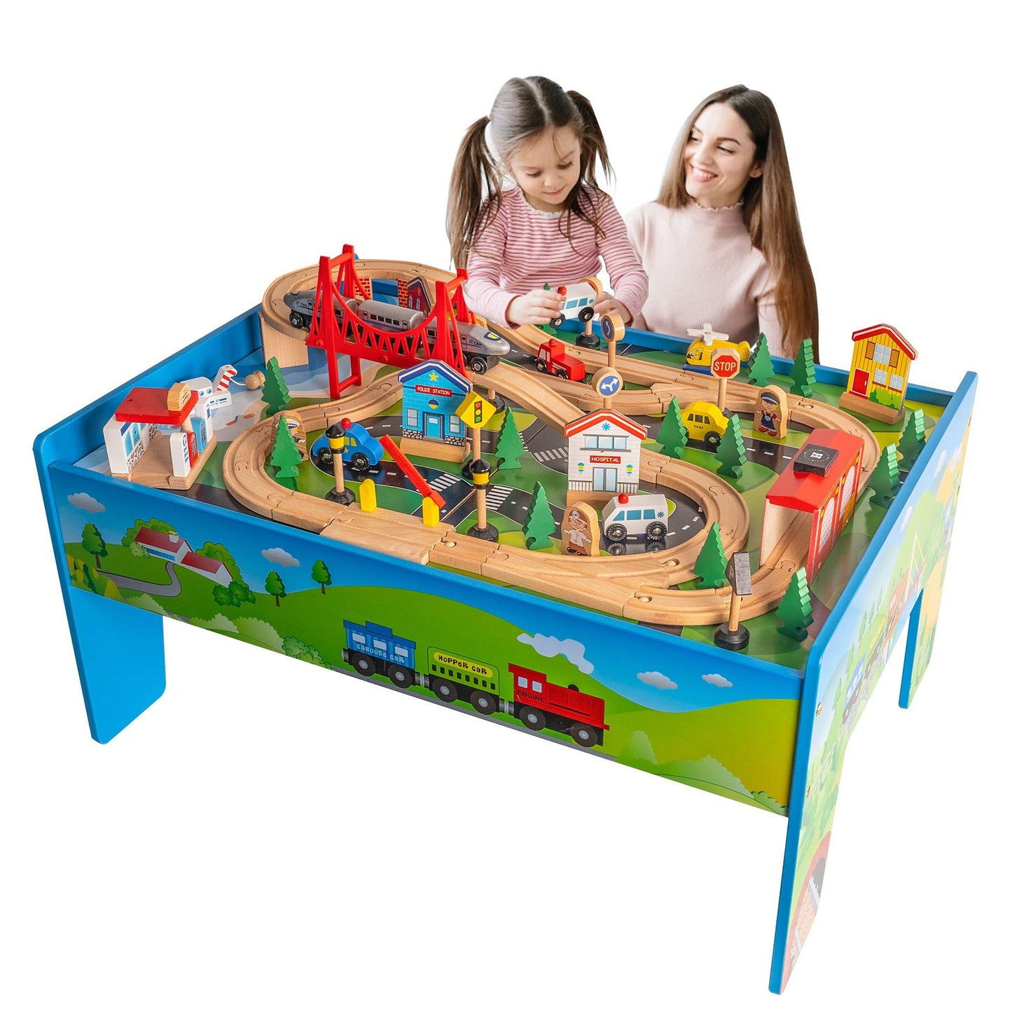 FUNPENY Train Table Toys – Wooden Train Set with City Accessories for Kids & Toddlers
