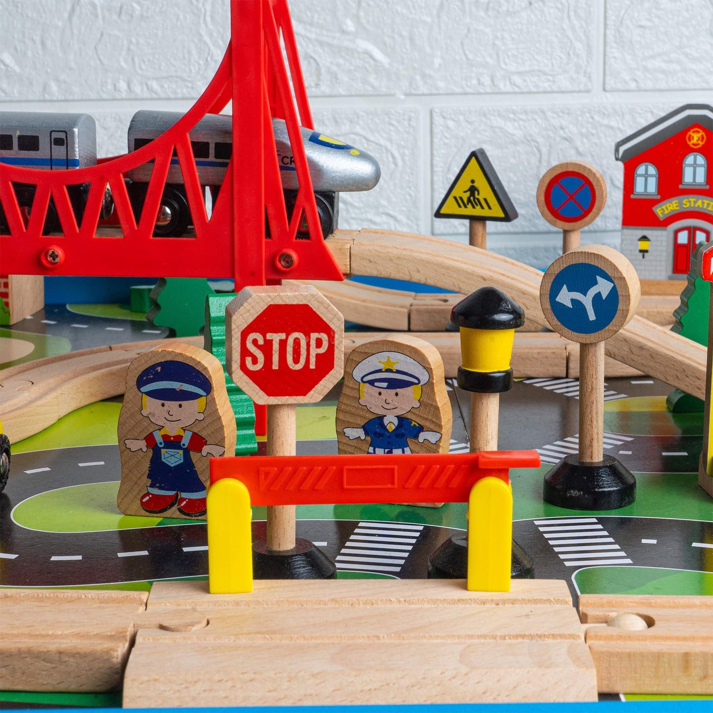 FUNPENY Train Table Toys – Wooden Train Set with City Accessories for Kids & Toddlers