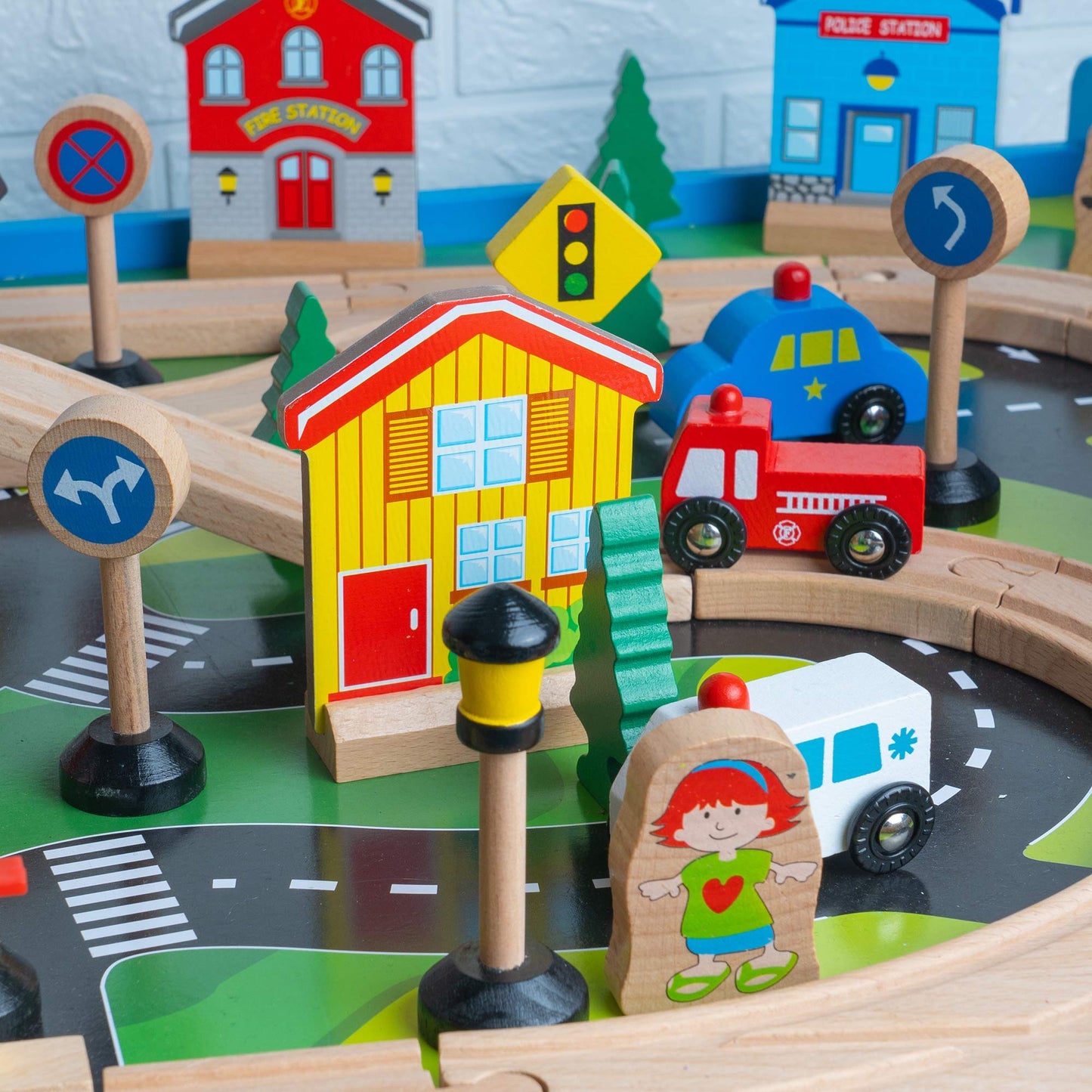 FUNPENY Train Table Toys – Wooden Train Set with City Accessories for Kids & Toddlers