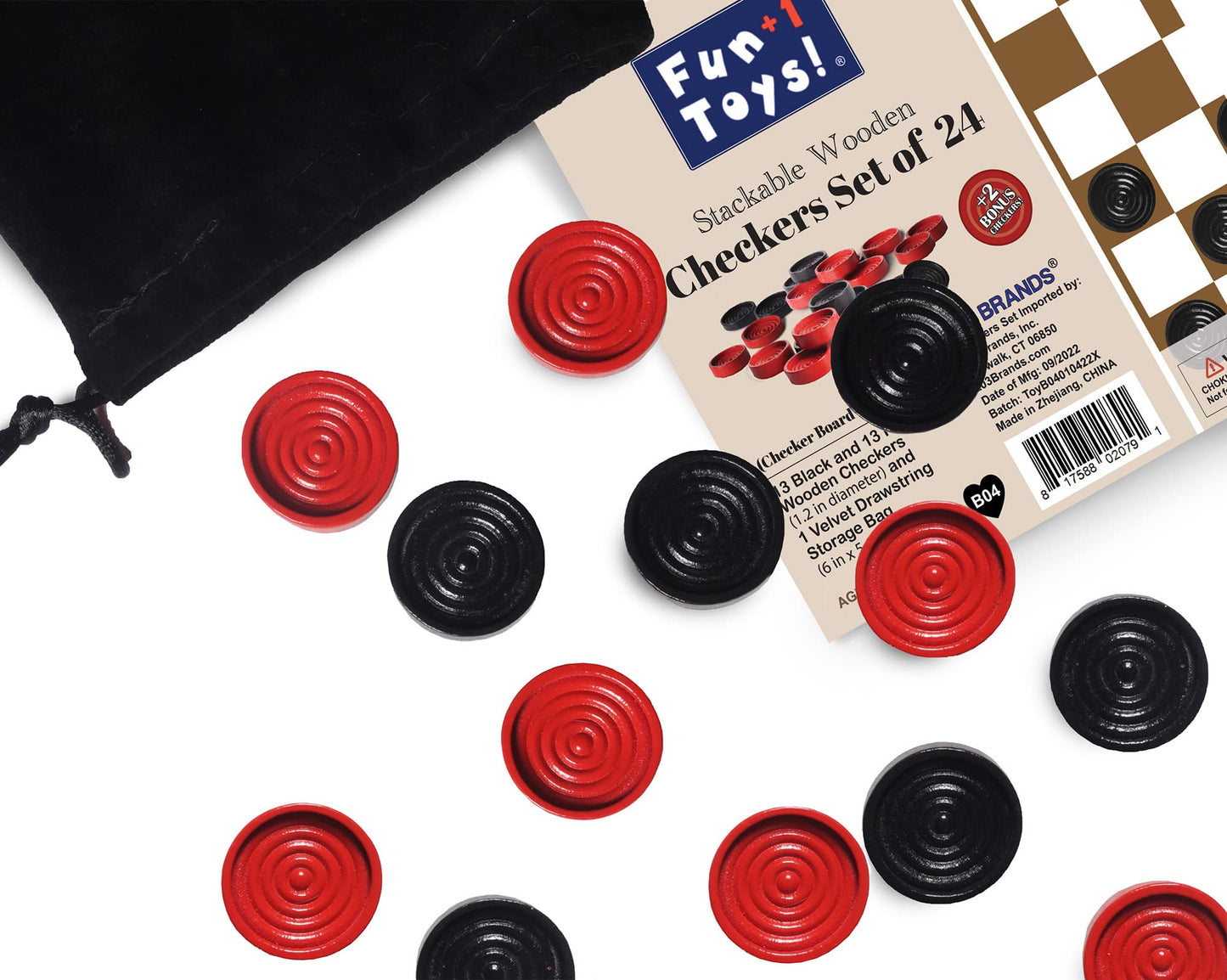 Fun+1 Toys! 26 Red & Black Wooden Checkers Pieces — 1.125-Inch, Stackable Ridge, Drawstring Bag