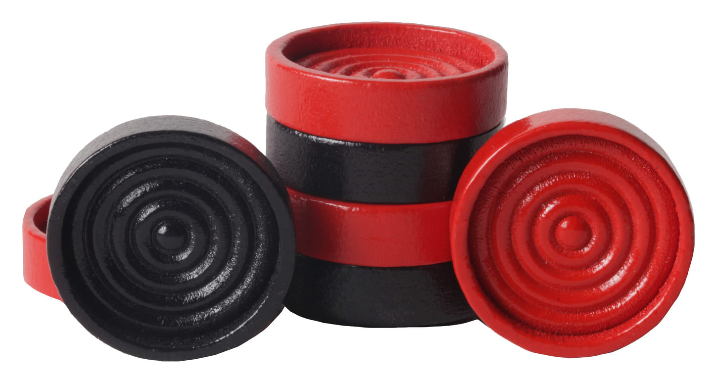 Fun+1 Toys! 26 Red & Black Wooden Checkers Pieces — 1.125-Inch, Stackable Ridge, Drawstring Bag