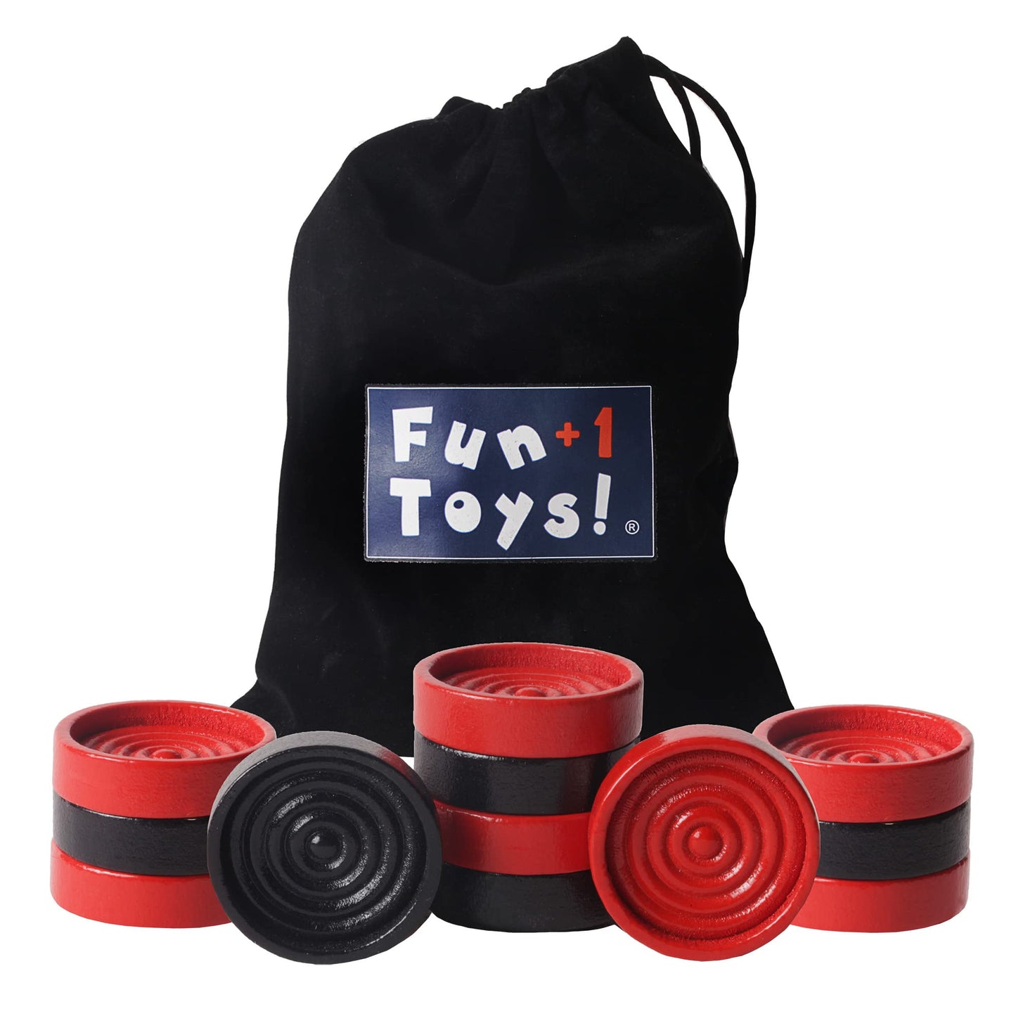 Fun+1 Toys! 26 Red & Black Wooden Checkers Pieces — 1.125-Inch, Stackable Ridge, Drawstring Bag