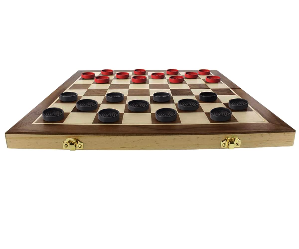 Fun+1 Toys! 26 Red & Black Wooden Checkers Pieces — 1.125-Inch, Stackable Ridge, Drawstring Bag