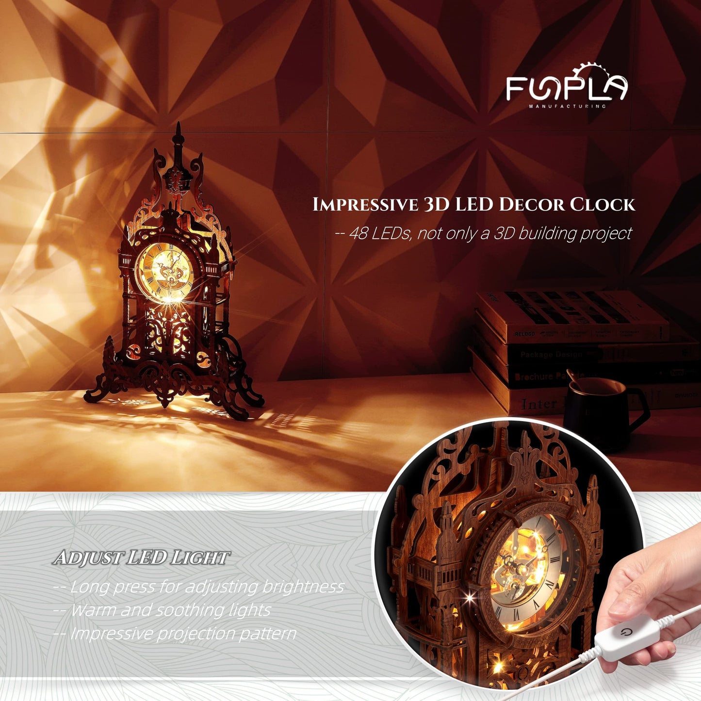 FUNPOLA LED 3D Wood Puzzle Clock Tower – DIY Clock Kit with LED Light Belt (LED-WTC02)