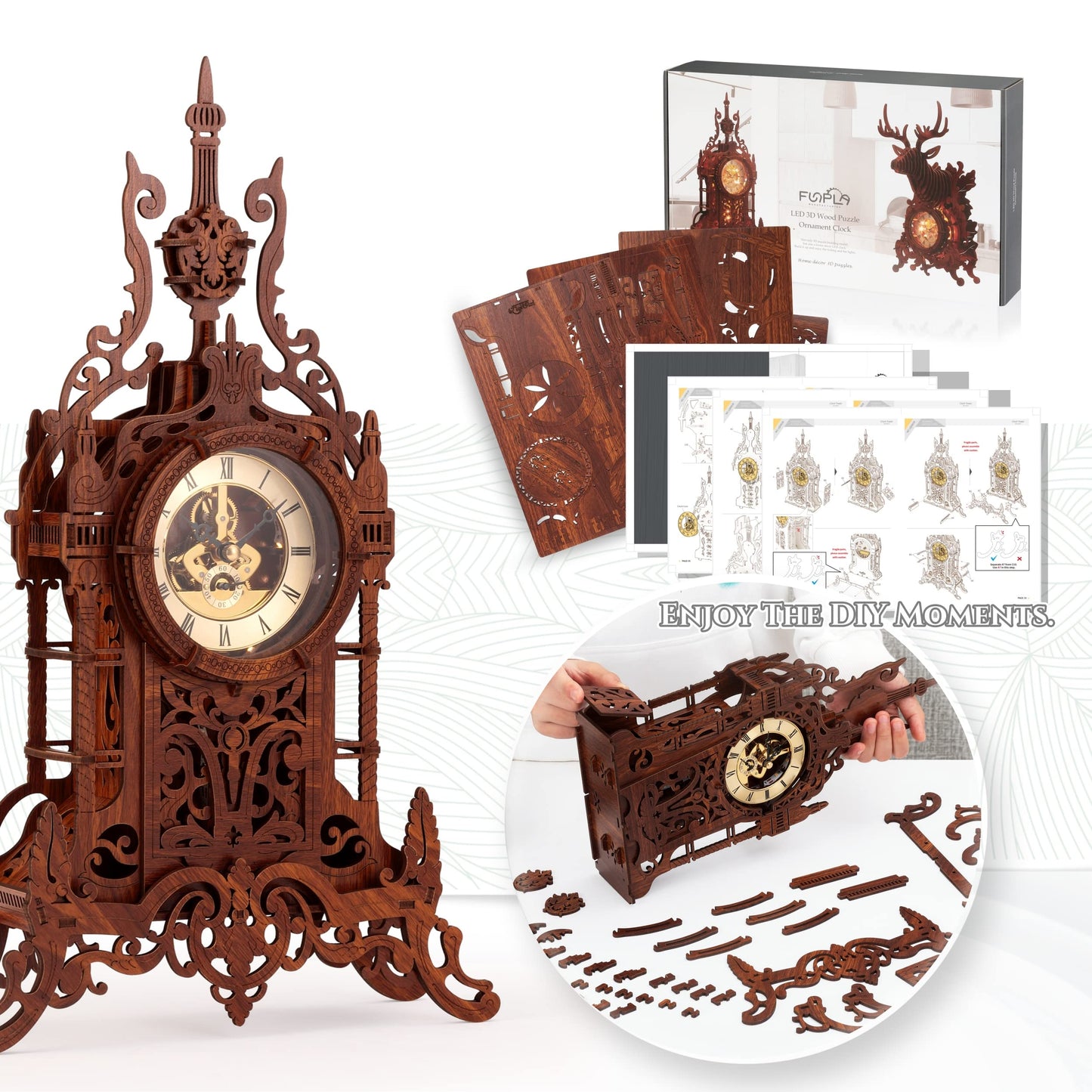 FUNPOLA LED 3D Wood Puzzle Clock Tower – DIY Clock Kit with LED Light Belt (LED-WTC02)