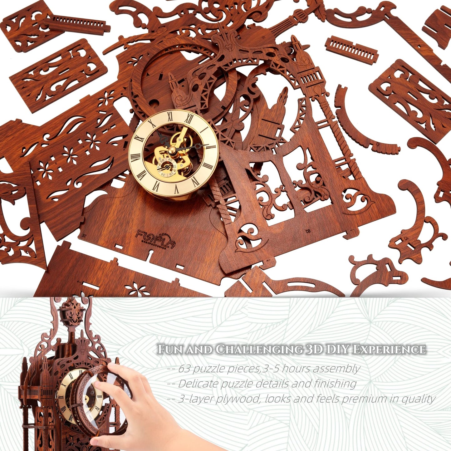 FUNPOLA LED 3D Wood Puzzle Clock Tower – DIY Clock Kit with LED Light Belt (LED-WTC02)