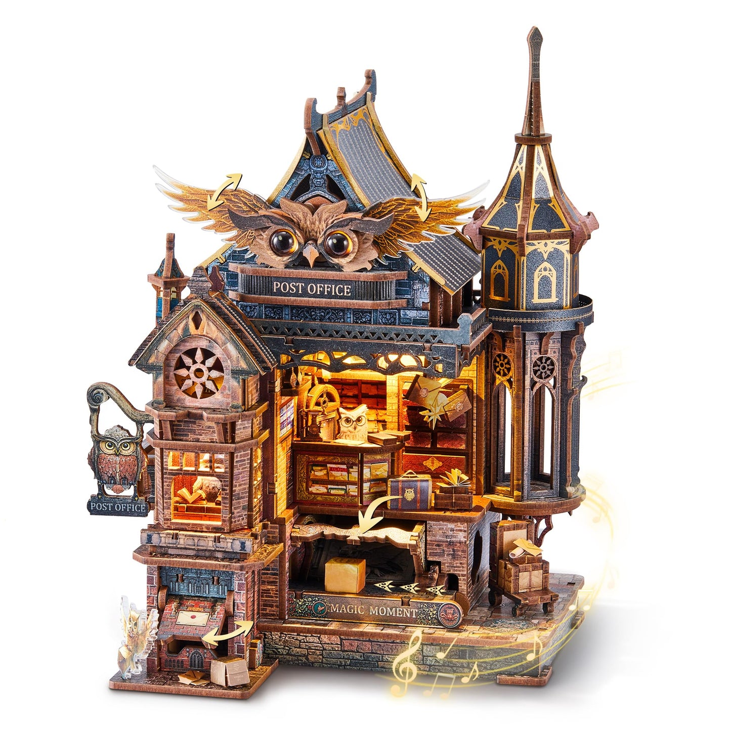 FUNPOLA LED 3D Wood Puzzle Owl Post Office — Dynamic Gear Model with Music, LEDs & DIY Assembly