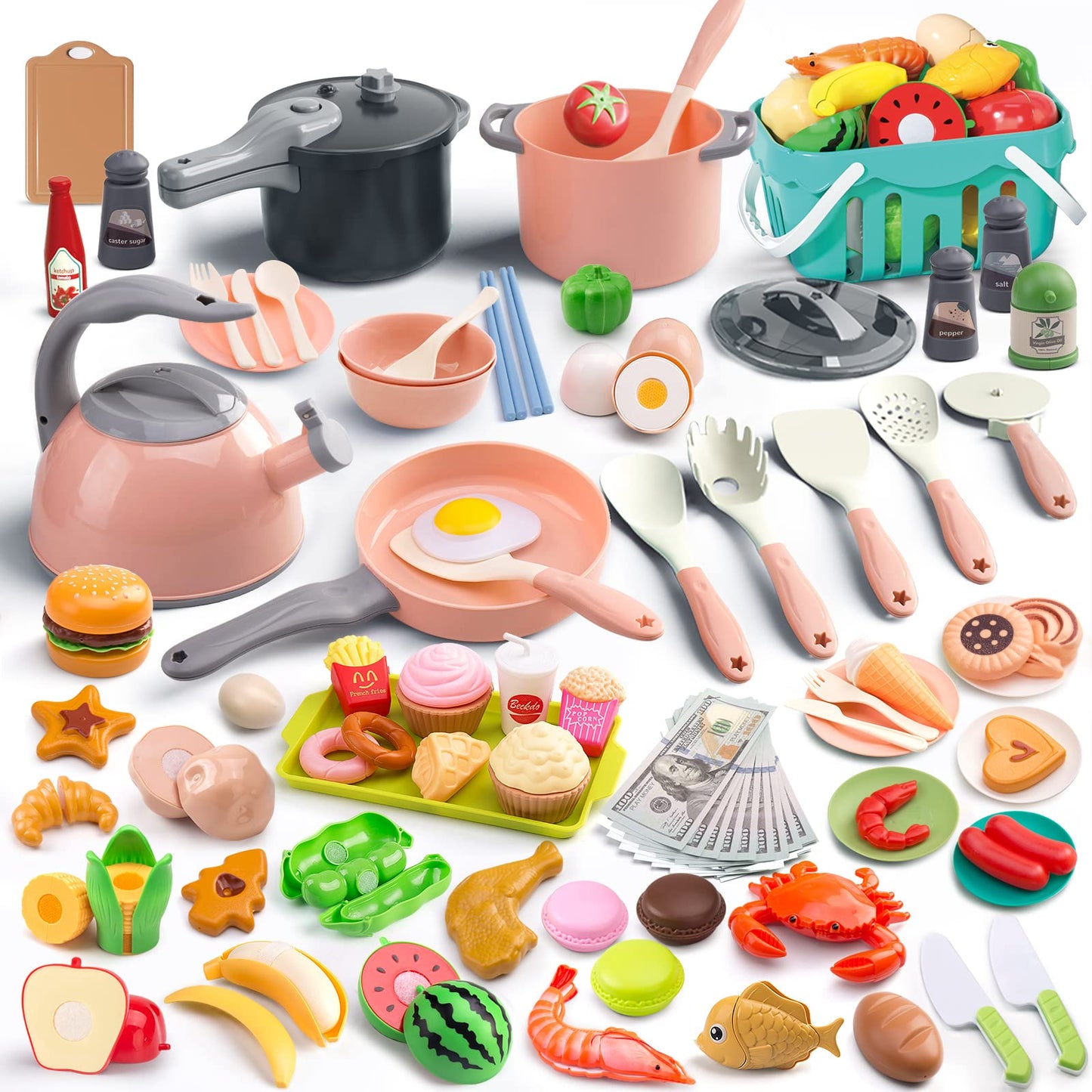 Funpynani 130-piece Kitchen Playset – Pretend Cooking Pots, Pans & Utensils for Kids (Pink)