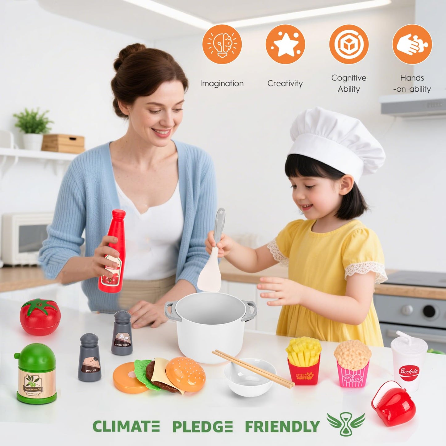 Funpynani 130Pcs Kitchen Playset – Realistic Pretend Cooking Kit for Kids (White)