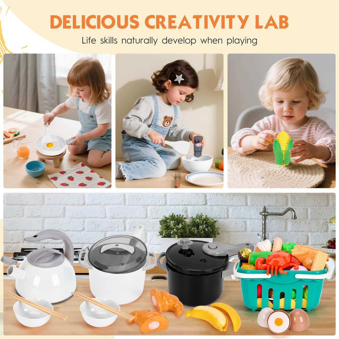 Funpynani 130Pcs Kitchen Playset – Realistic Pretend Cooking Kit for Kids (White)