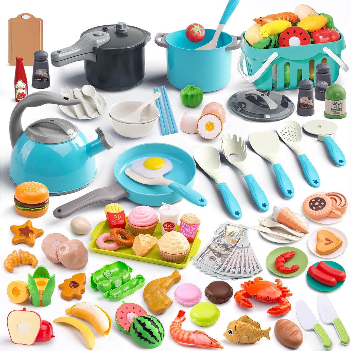 Funpynani 130Pcs Kitchen Playset – Turquoise Pretend Cookware, Food & Money