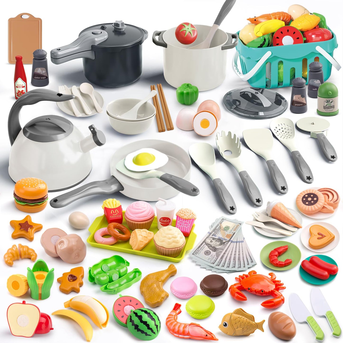 Funpynani 130Pcs Kitchen Playset – Realistic Pretend Cooking Kit for Kids (White)
