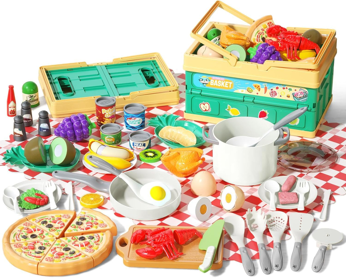 Funpynani 80-Piece Kitchen Playset – Pretend Cookware, Basket & Realistic Foods