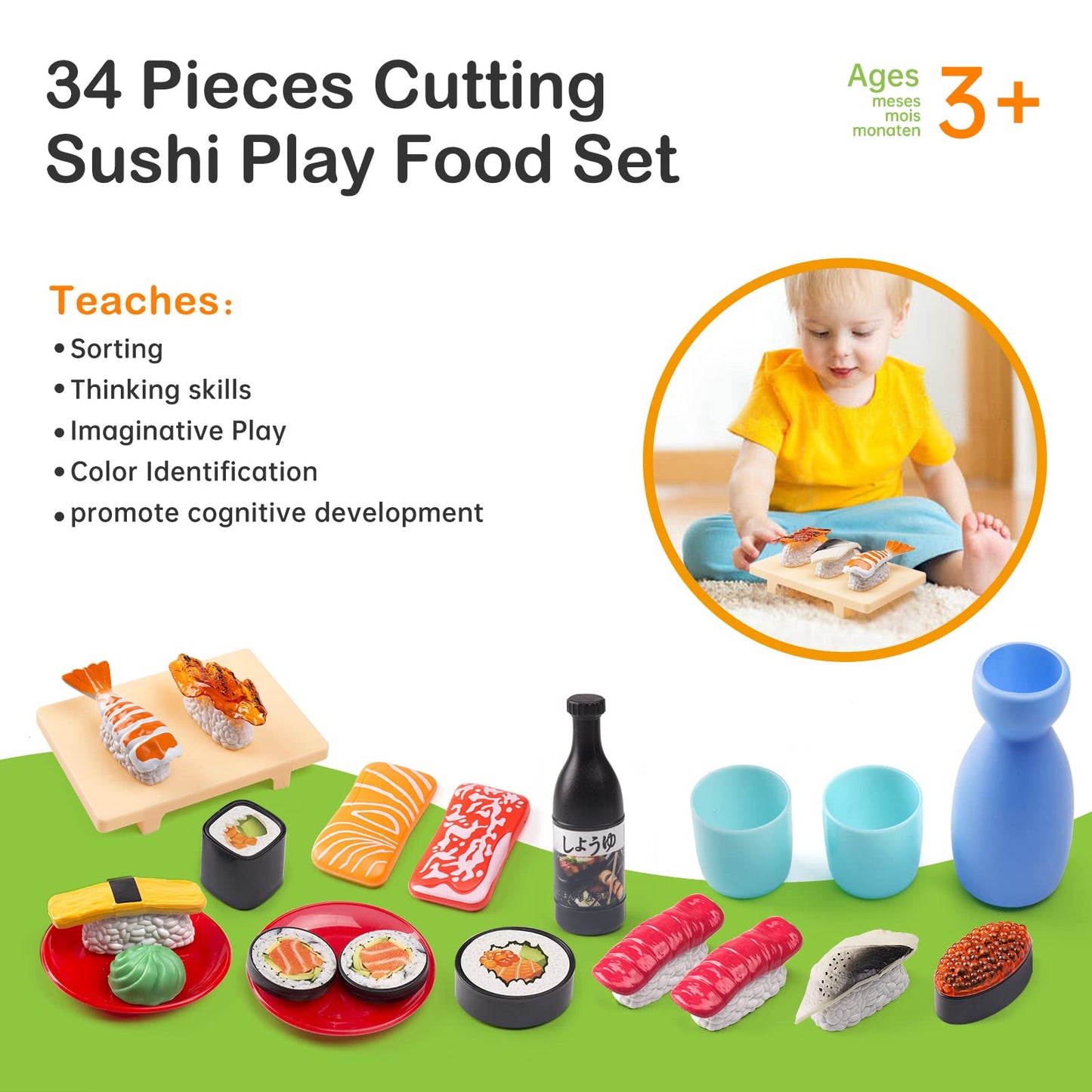 Funpynani Sushi Slicing Play Food Set — 34-Piece LED Color-Changing Toy for Kids 3+
