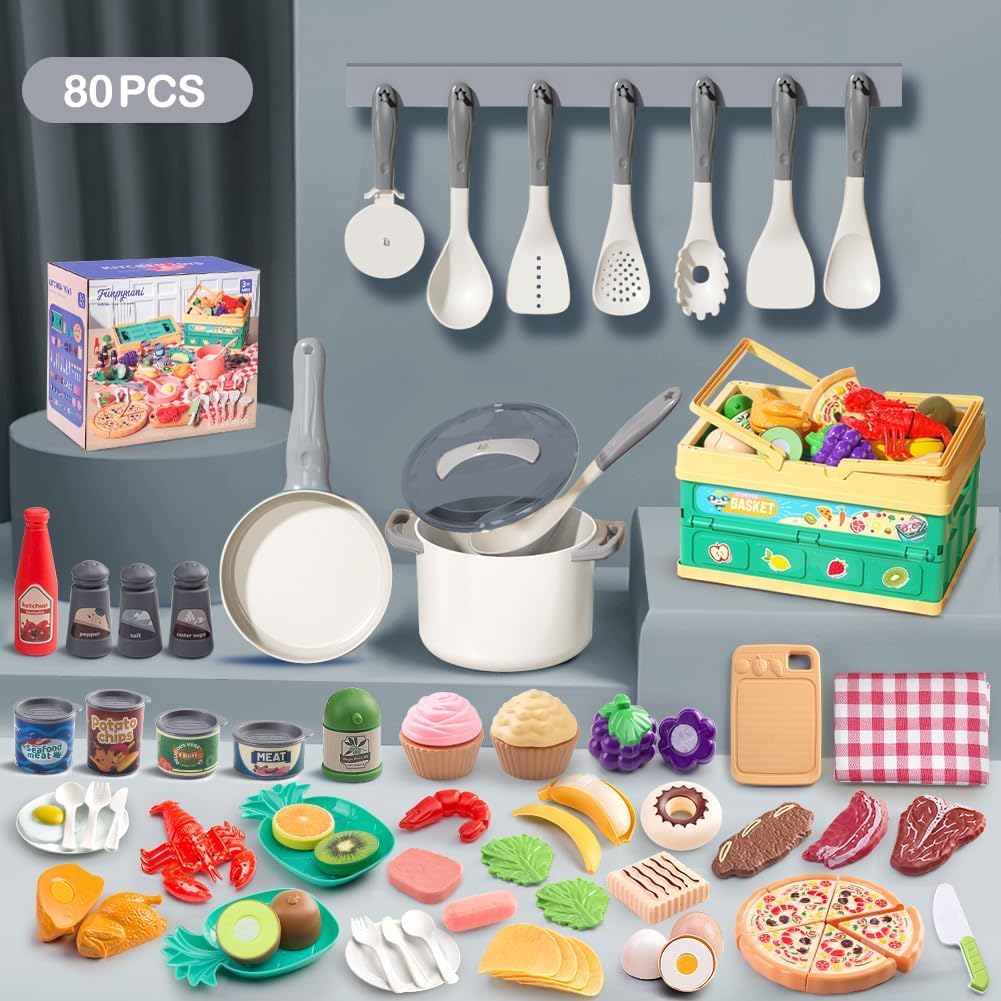 Funpynani 80-Piece Kitchen Playset – Pretend Cookware, Basket & Realistic Foods