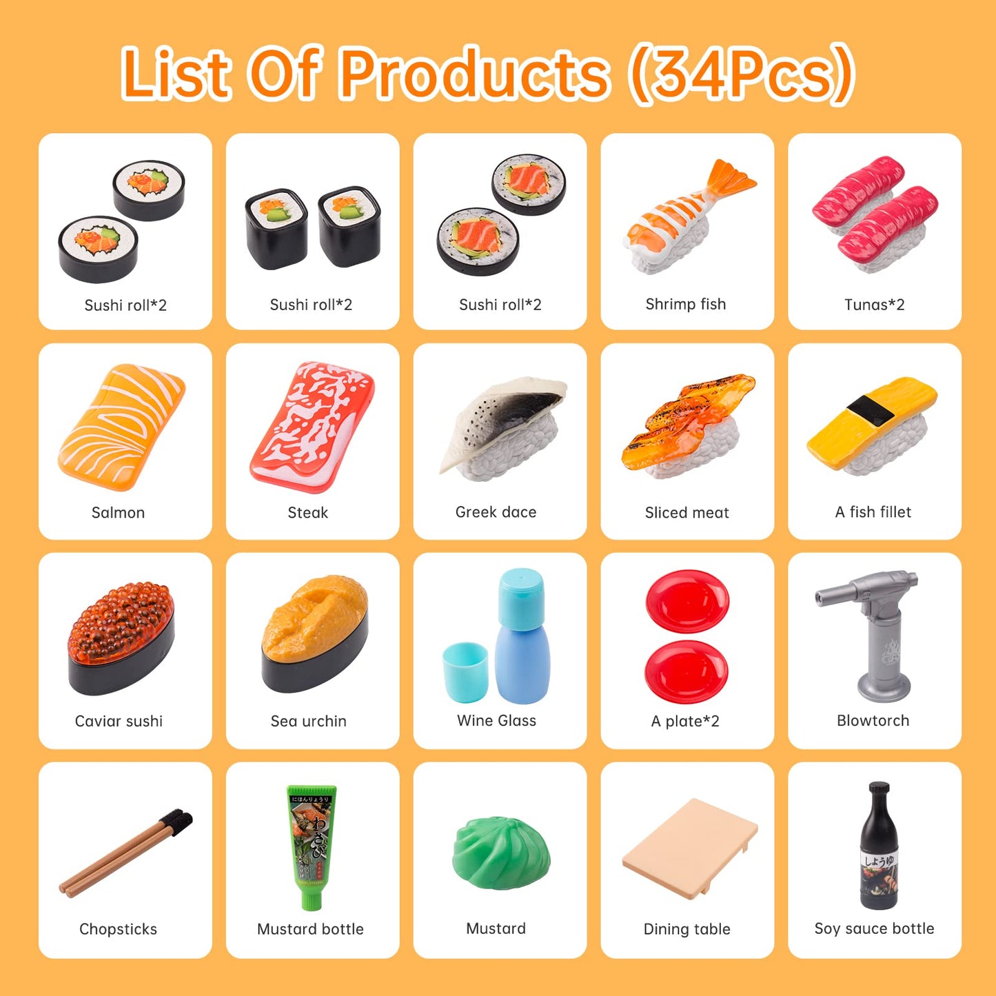 Funpynani Sushi Slicing Play Food Set — 34-Piece LED Color-Changing Toy for Kids 3+