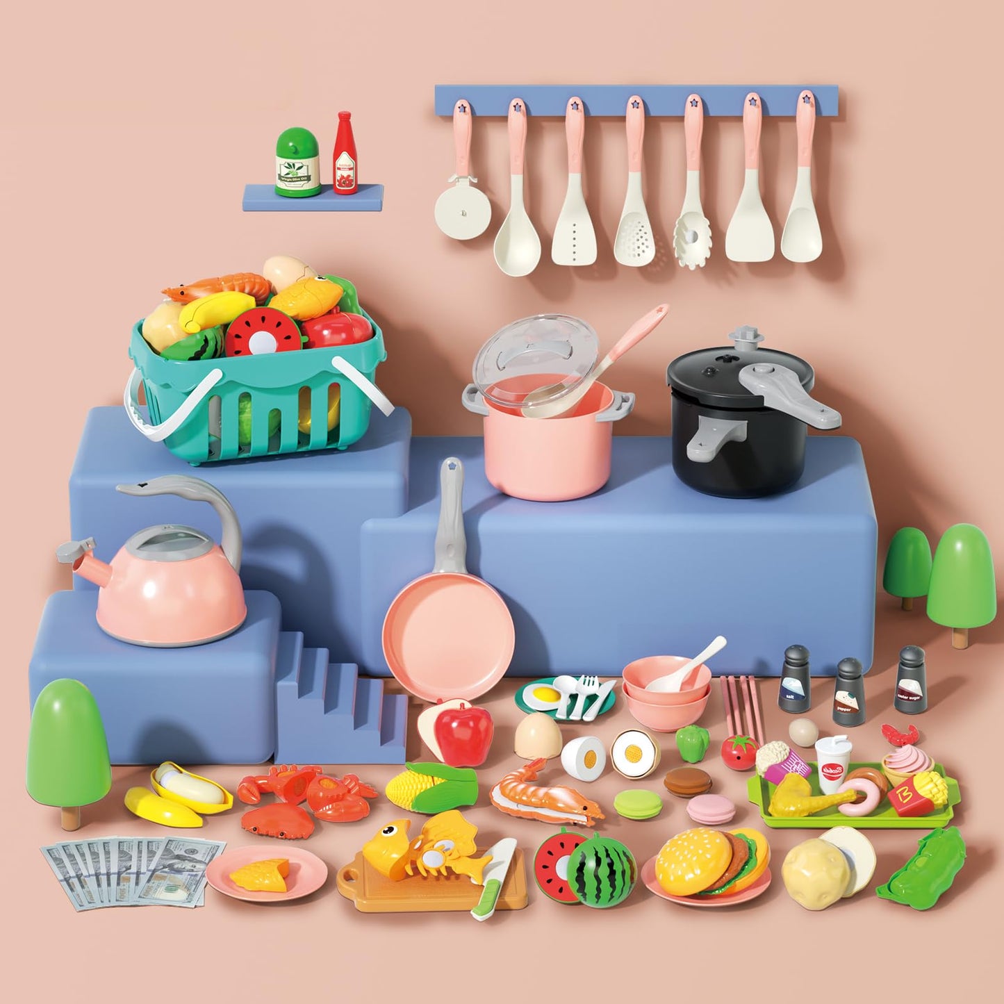 Funpynani 130-piece Kitchen Playset – Pretend Cooking Pots, Pans & Utensils for Kids (Pink)