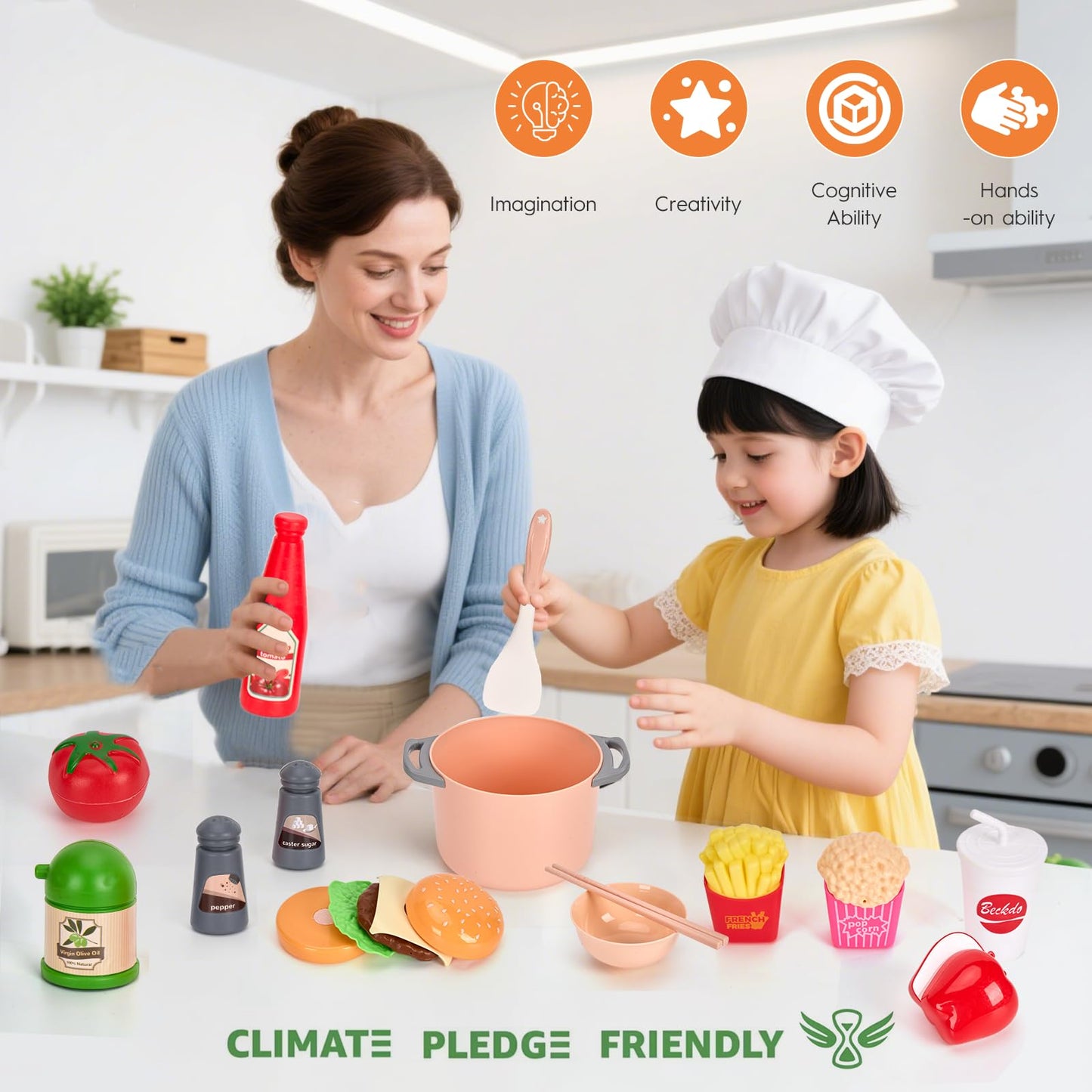Funpynani 130-piece Kitchen Playset – Pretend Cooking Pots, Pans & Utensils for Kids (Pink)