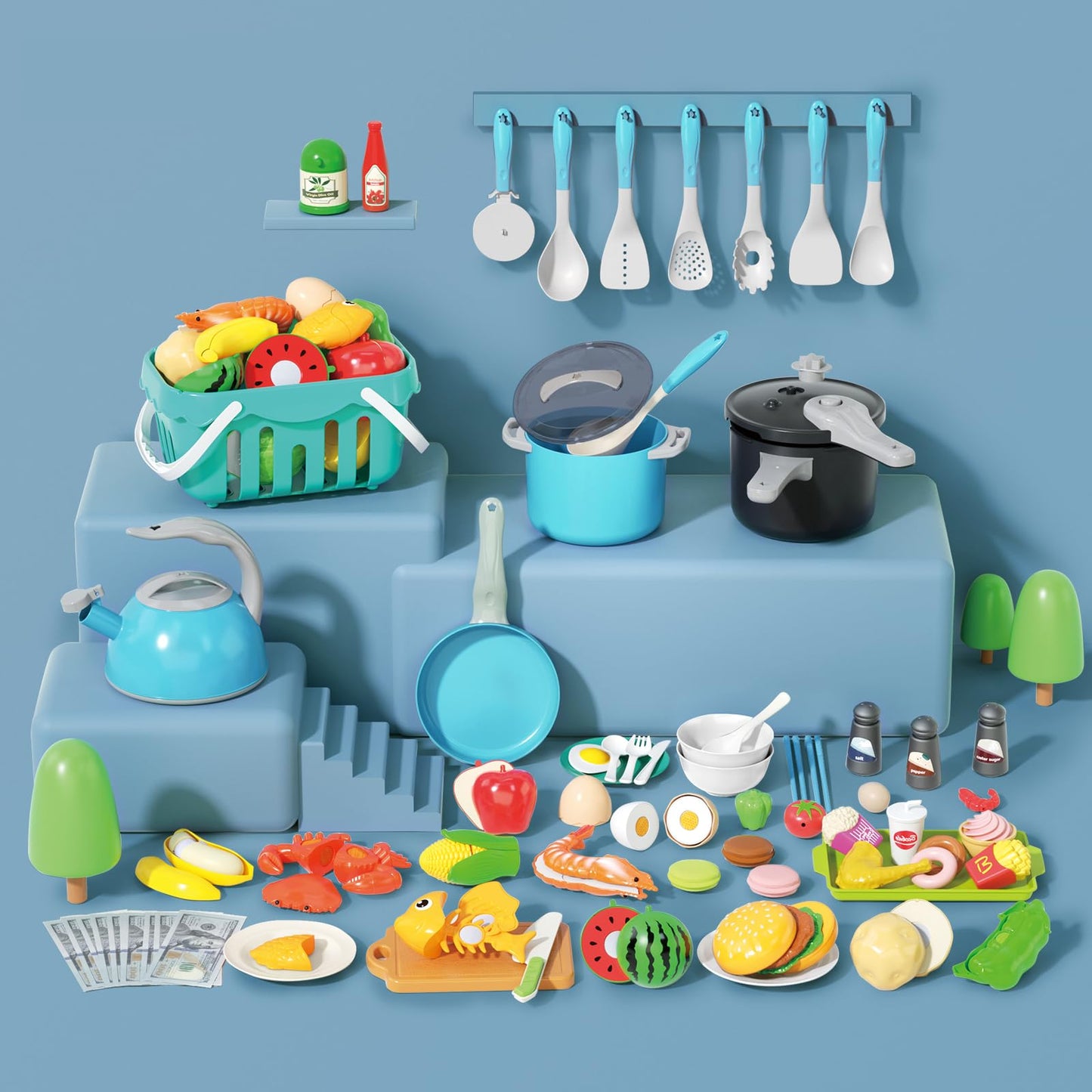 Funpynani 130Pcs Kitchen Playset – Turquoise Pretend Cookware, Food & Money
