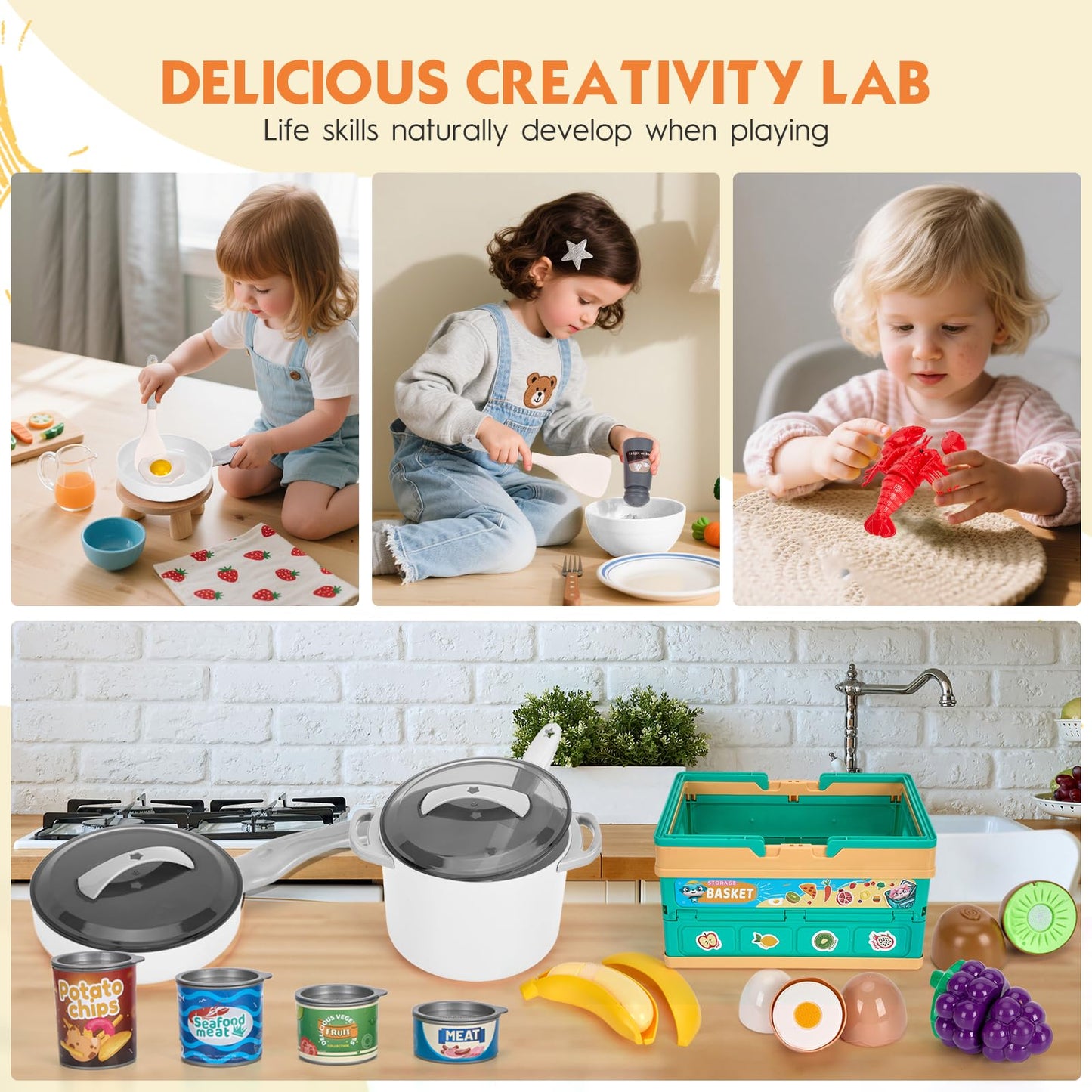 Funpynani 80-Piece Kitchen Playset – Pretend Cookware, Basket & Realistic Foods