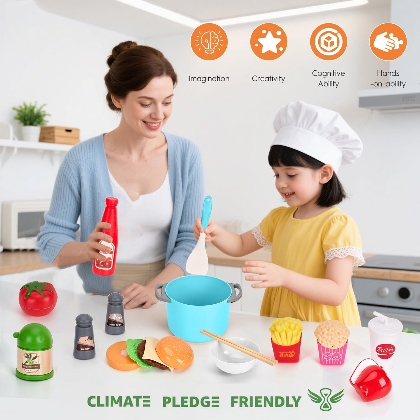 Funpynani 130Pcs Kitchen Playset – Turquoise Pretend Cookware, Food & Money