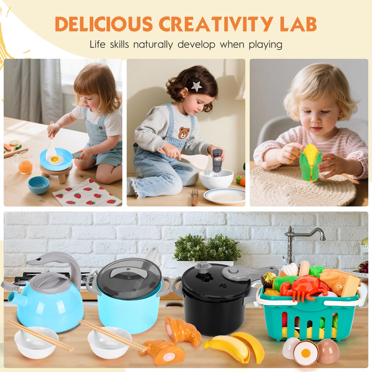 Funpynani 130Pcs Kitchen Playset – Turquoise Pretend Cookware, Food & Money