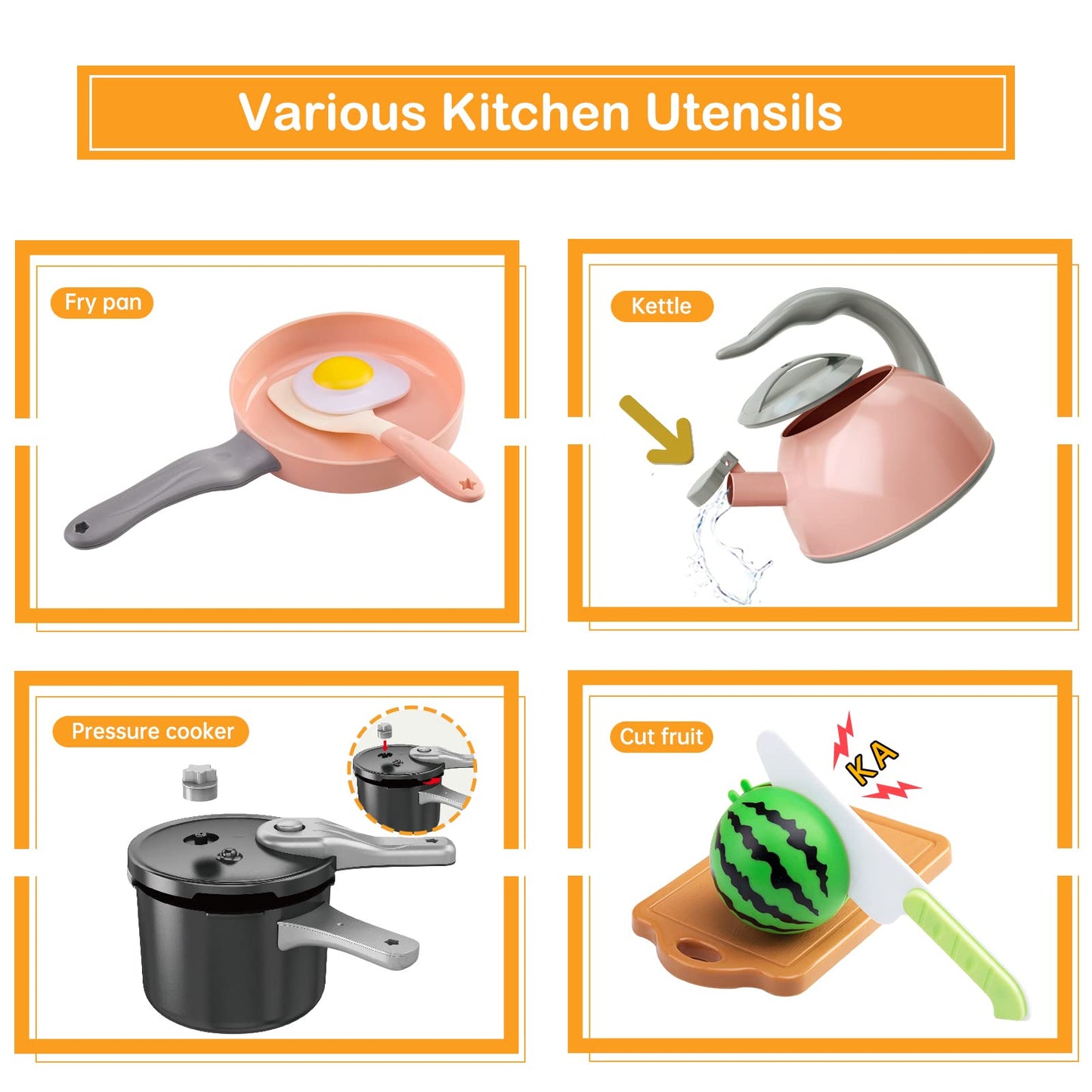 Funpynani 130-piece Kitchen Playset – Pretend Cooking Pots, Pans & Utensils for Kids (Pink)