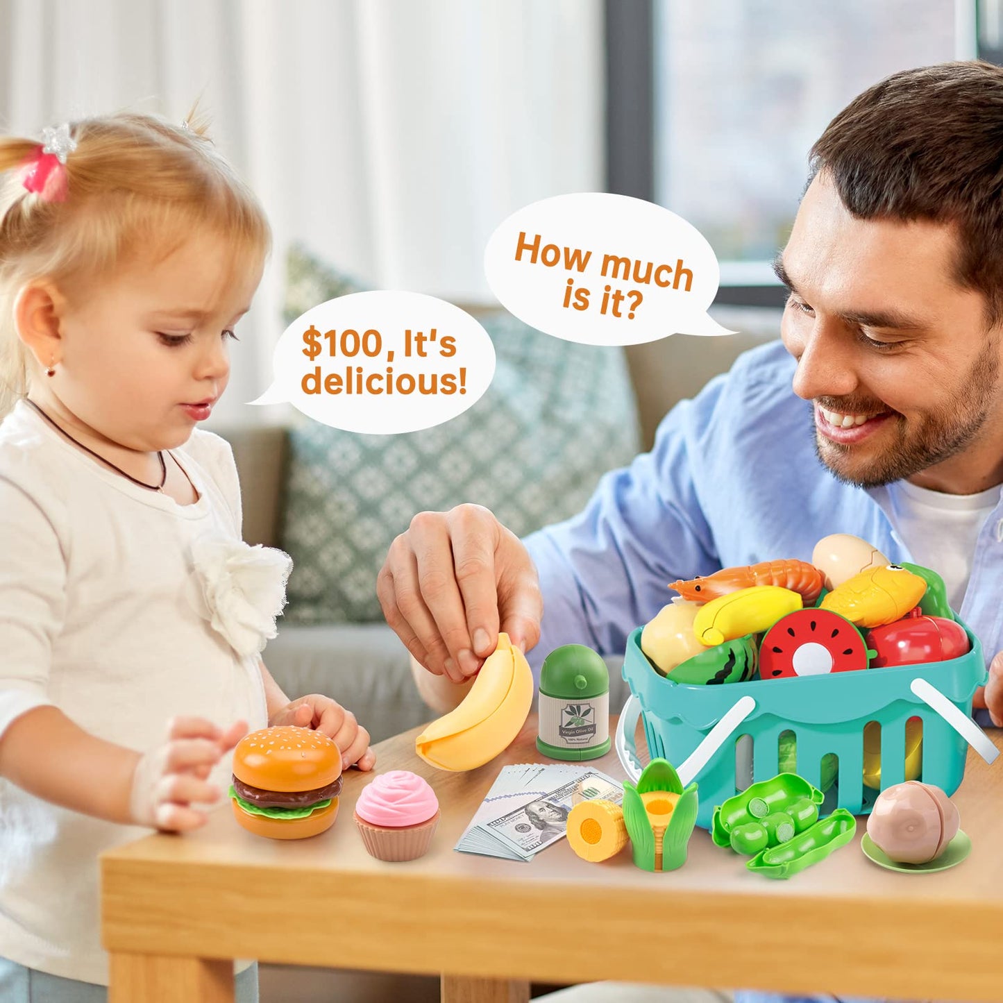 Funpynani 130Pcs Kitchen Playset – Turquoise Pretend Cookware, Food & Money