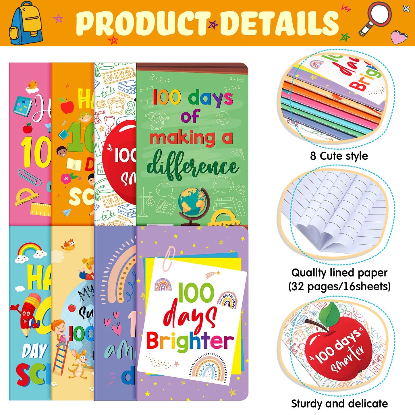 Funrous 24 Pcs Mini Pocket Notebooks – 8 Styles for 100th Day of School