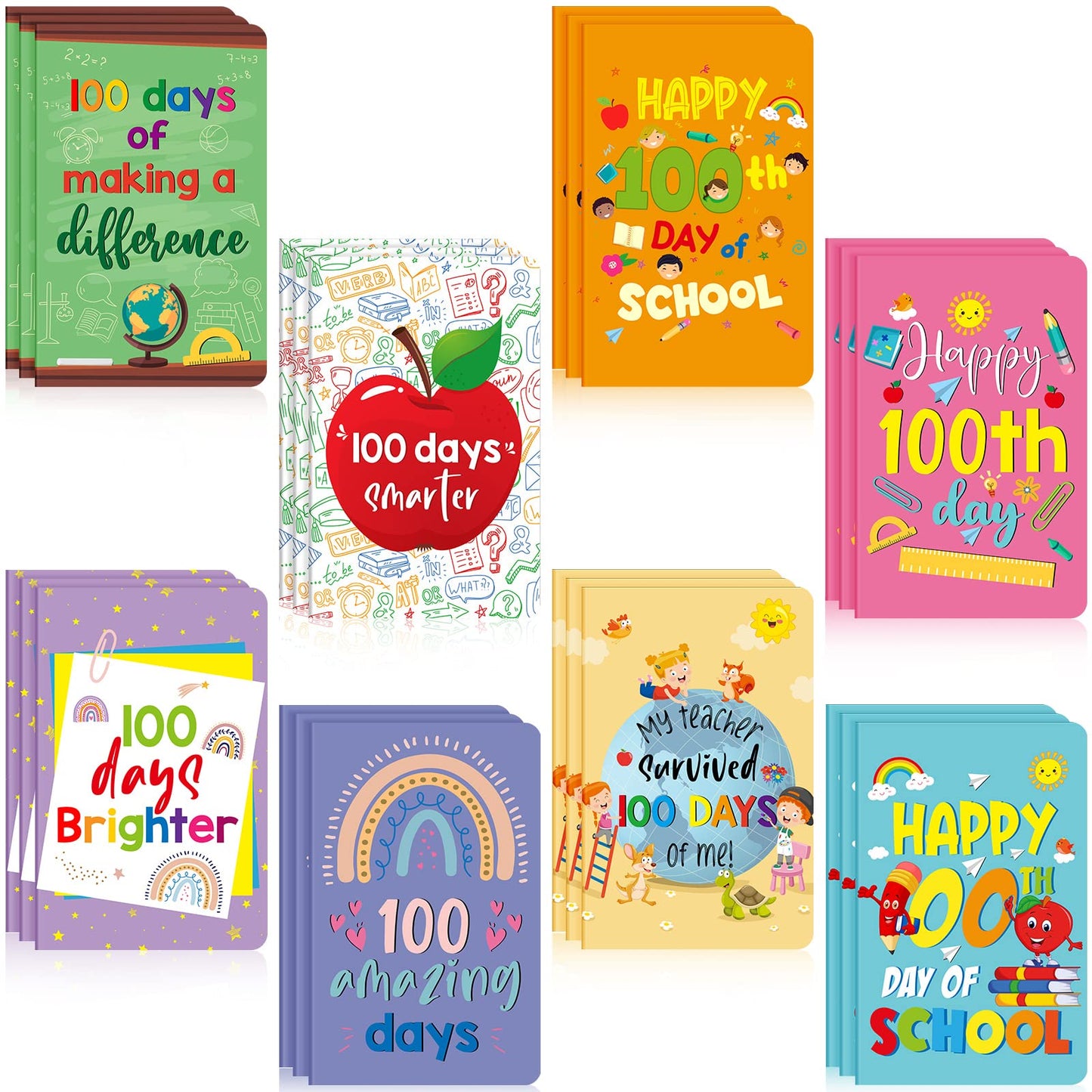 Funrous 24 Pcs Mini Pocket Notebooks – 8 Styles for 100th Day of School
