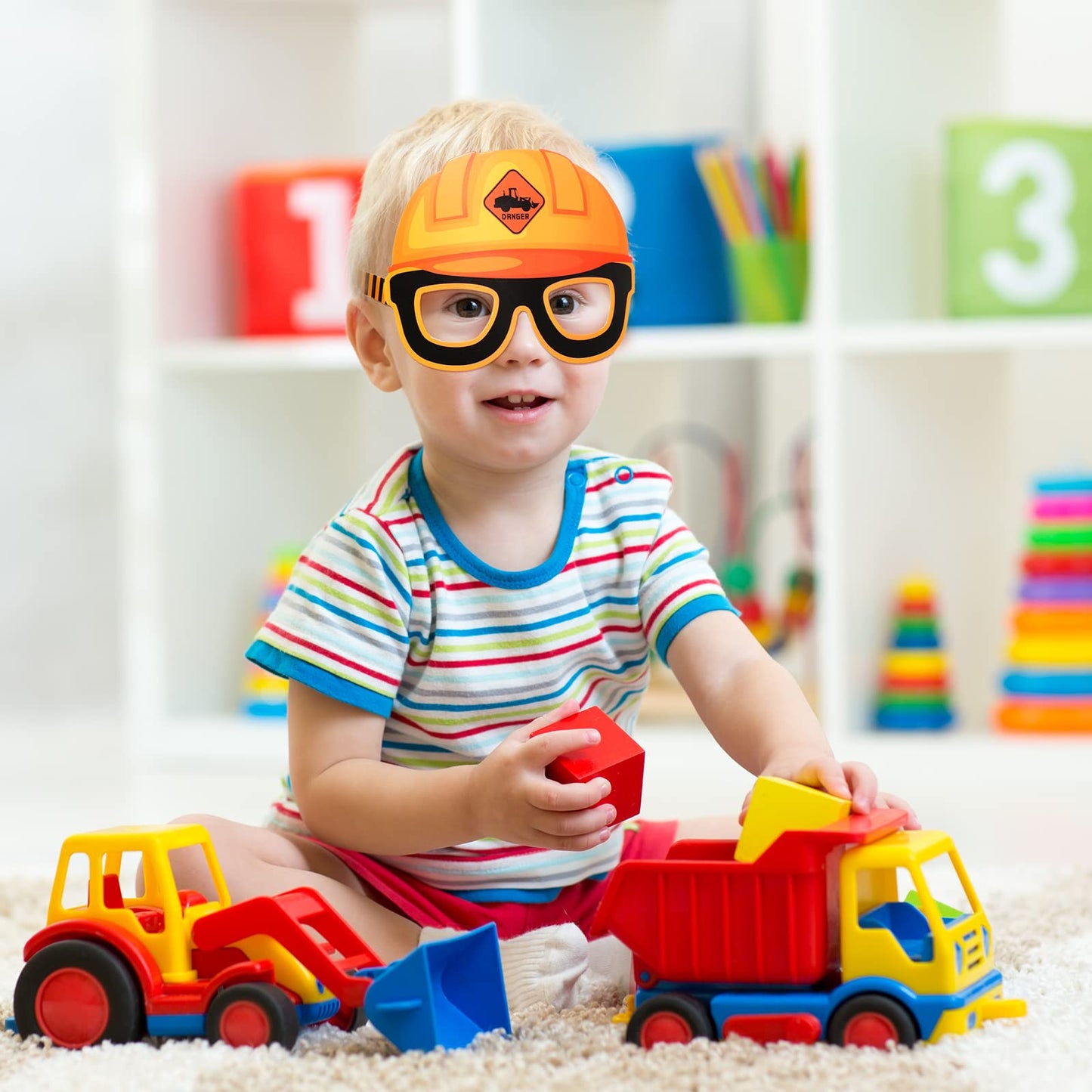 Funrous 32 Pcs Construction Theme Eyeglasses – Dump Truck & Excavator Cardboard Photo Booth Props for Birthday Parties