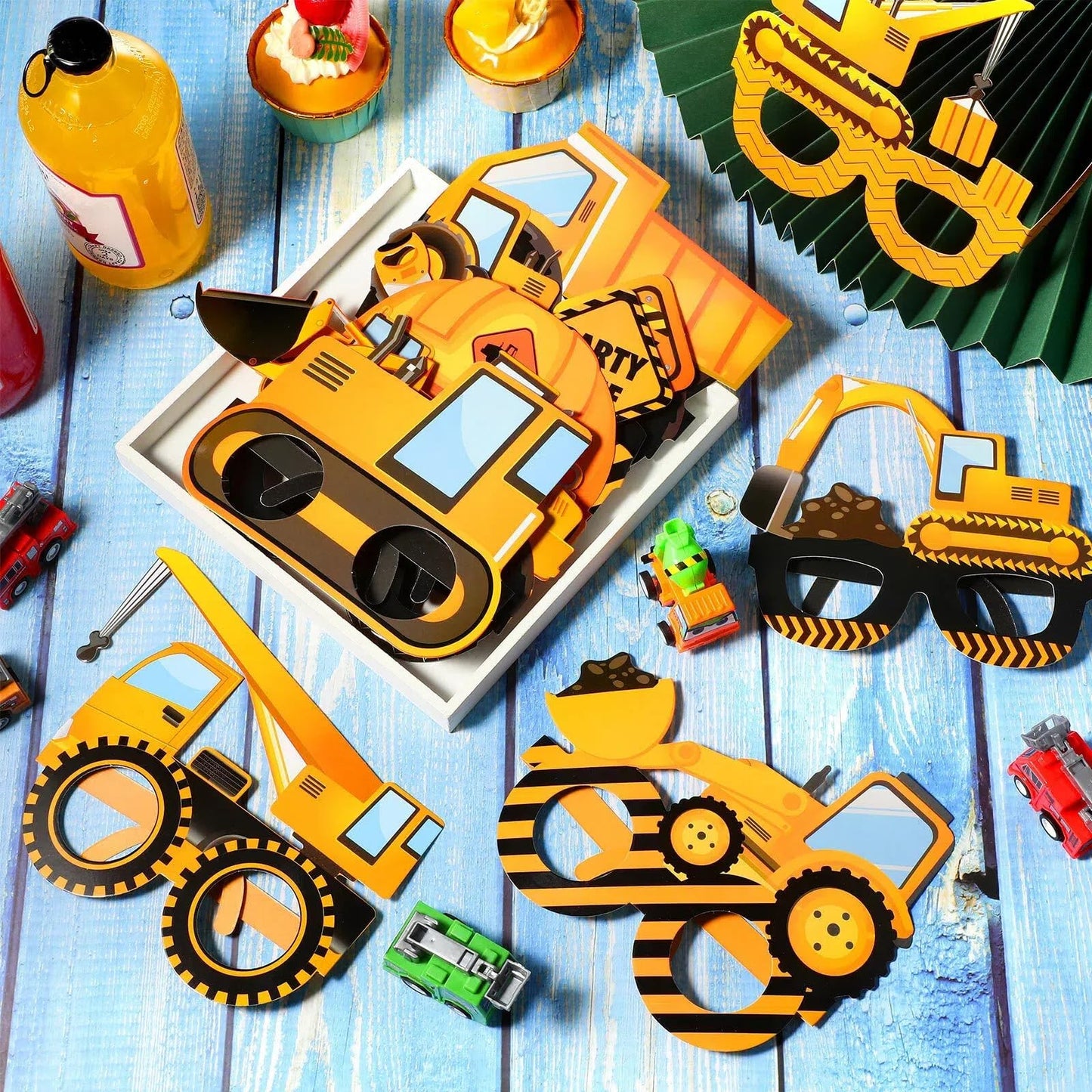 Funrous 32 Pcs Construction Theme Eyeglasses – Dump Truck & Excavator Cardboard Photo Booth Props for Birthday Parties
