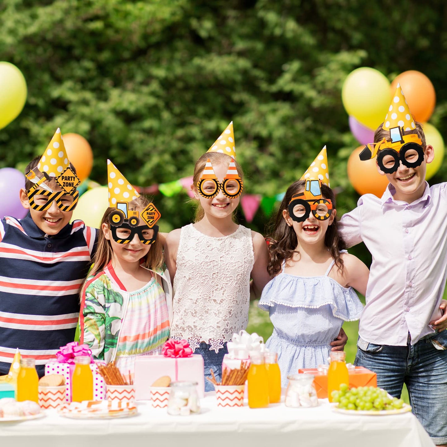 Funrous 32 Pcs Construction Theme Eyeglasses – Dump Truck & Excavator Cardboard Photo Booth Props for Birthday Parties