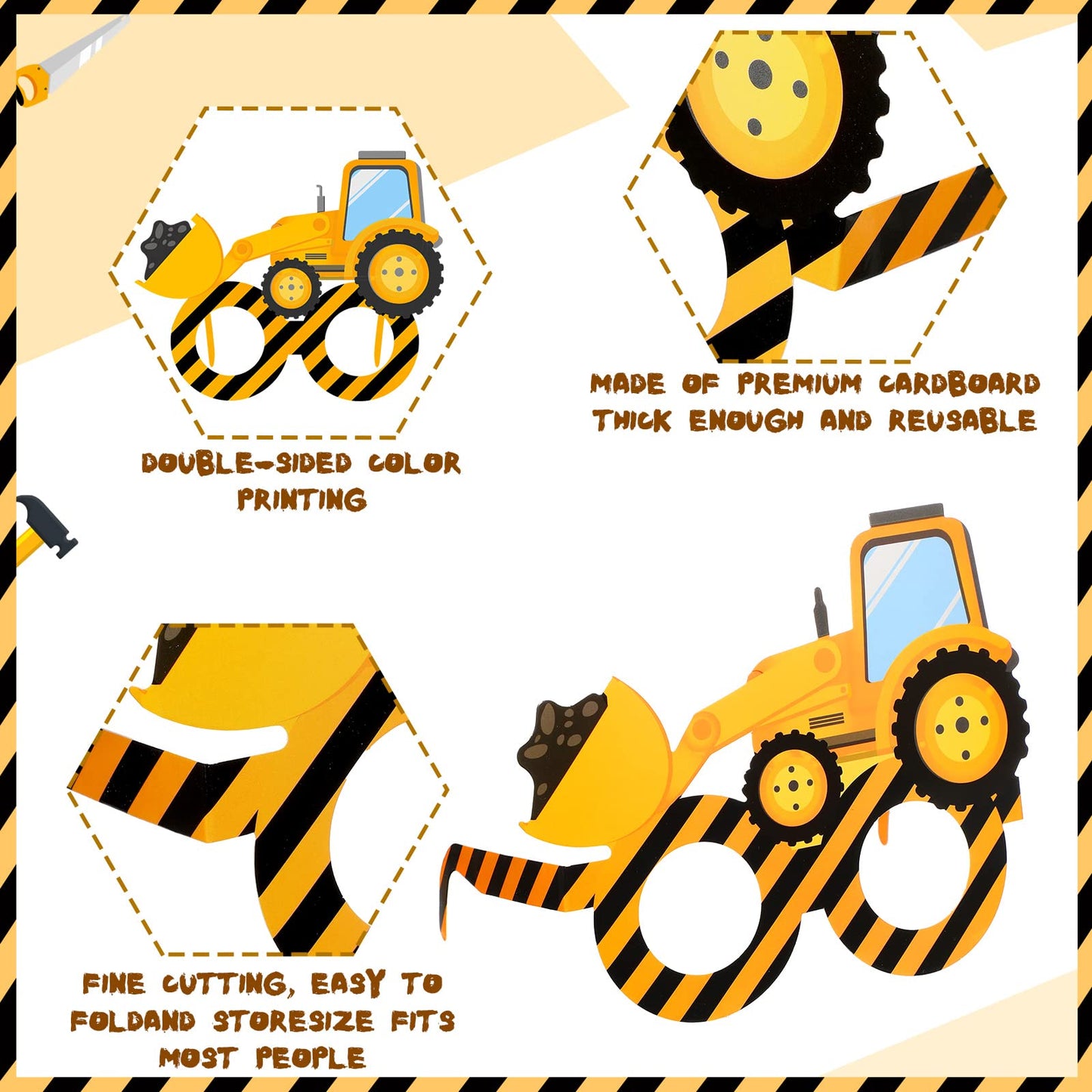 Funrous 32 Pcs Construction Theme Eyeglasses – Dump Truck & Excavator Cardboard Photo Booth Props for Birthday Parties