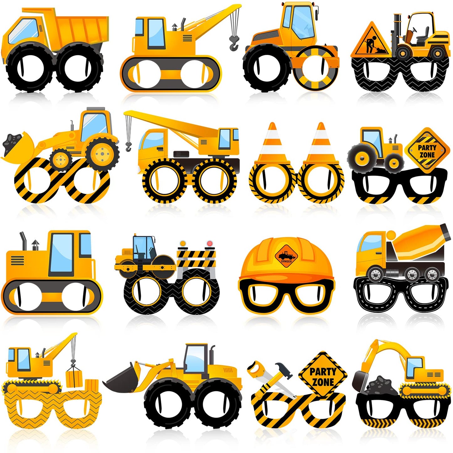 Funrous 32 Pcs Construction Theme Eyeglasses – Dump Truck & Excavator Cardboard Photo Booth Props for Birthday Parties