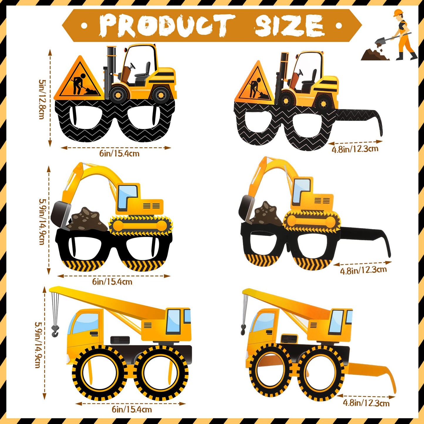Funrous 32 Pcs Construction Theme Eyeglasses – Dump Truck & Excavator Cardboard Photo Booth Props for Birthday Parties