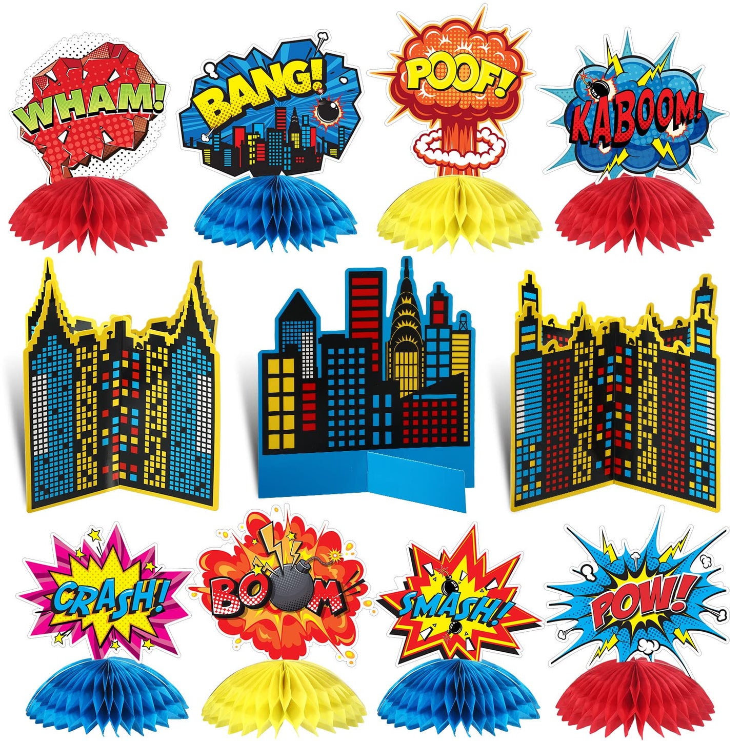 Funrous 11-Piece Hero Honeycomb Centerpieces – 3D Table Toppers for Parties