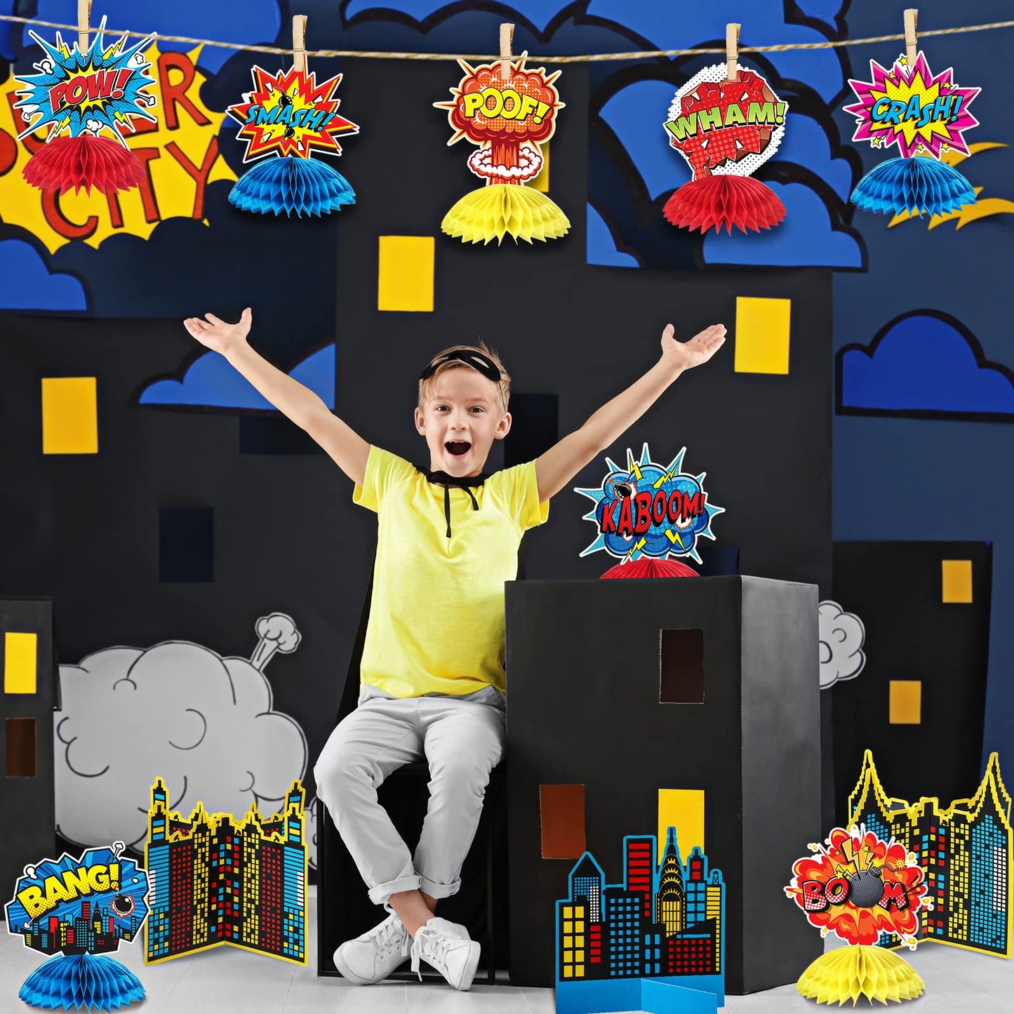 Funrous 11-Piece Hero Honeycomb Centerpieces – 3D Table Toppers for Parties